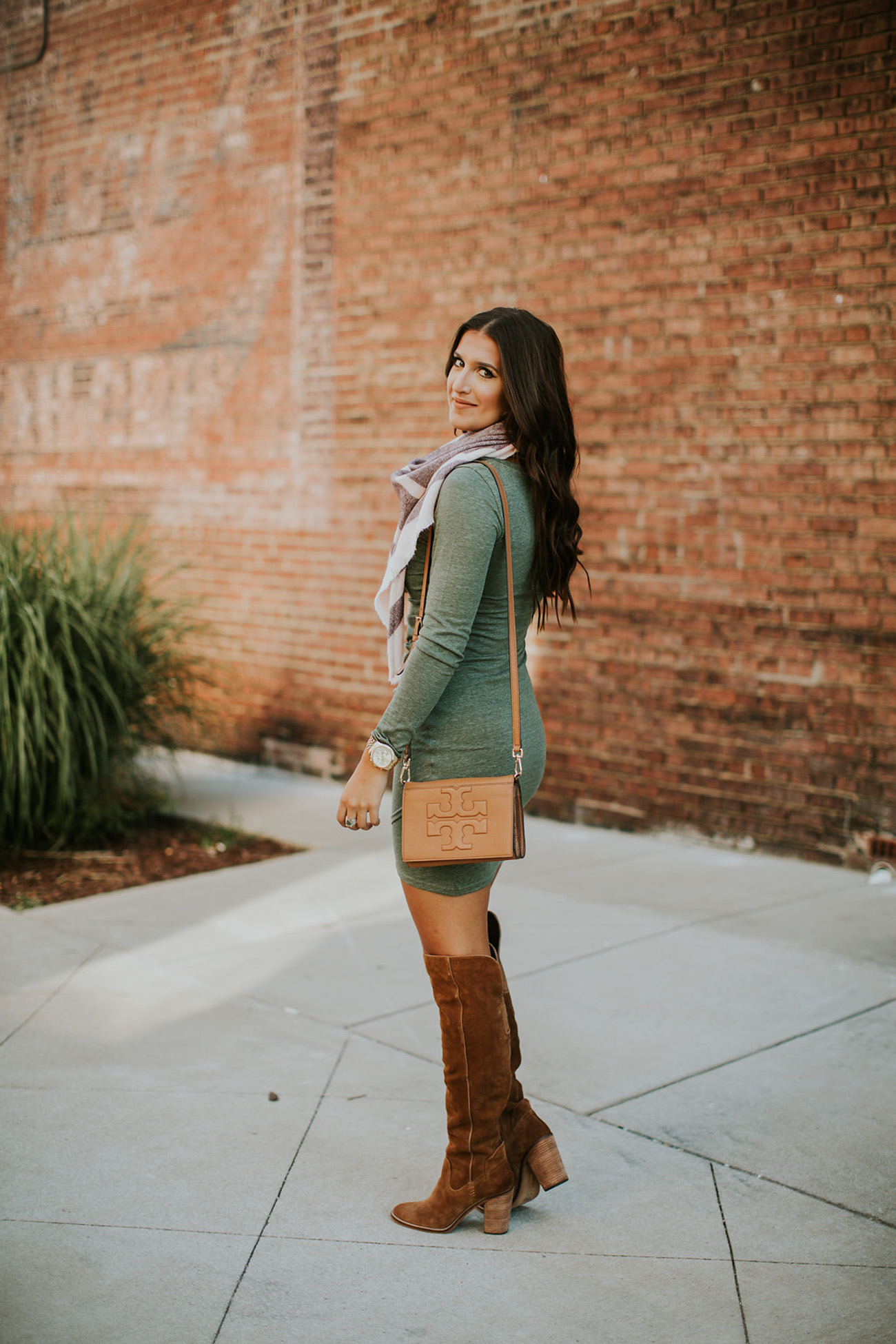 ruched long sleeve dress, plaid blanket scarf, plaid scarf, fall plaid scarf, fall scarf, caslon plaid scarf, tory burch crossbody bag, nordstrom accessories, dolce vita over the knee boots, cognac over the knee boots, cute fall outfit, fall outfit inspiration, southern fashion blogger // grace wainwright a southern drawl