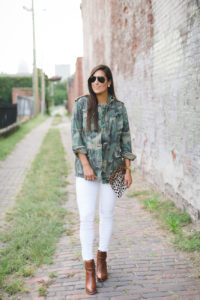 camoflauge jacket, camo coat, camo jacket, camo outfit, cute fall camo, johnston and murphy boots, black ray ban aviators, white jeans during fall, how to wear white jeans in the fall, clare v calf hair clutch, blonde marble monogram necklace, braided booties, fall style, fall fashion, southern fashion blogger // grace wainwright a southern drawl