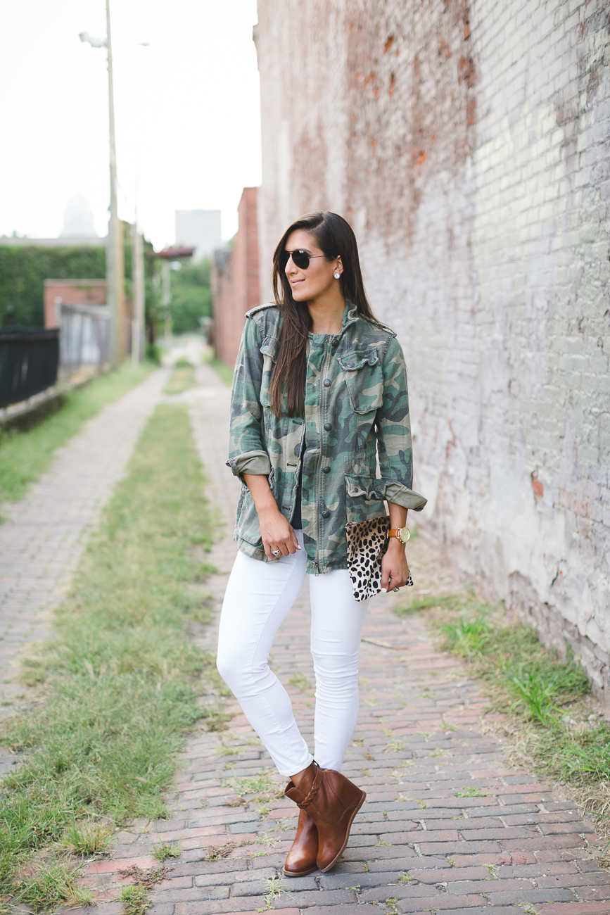 camoflauge jacket, camo coat, camo jacket, camo outfit, cute fall camo, johnston and murphy boots, black ray ban aviators, white jeans during fall, how to wear white jeans in the fall, clare v calf hair clutch, blonde marble monogram necklace, braided booties, fall style, fall fashion, southern fashion blogger // grace wainwright a southern drawl