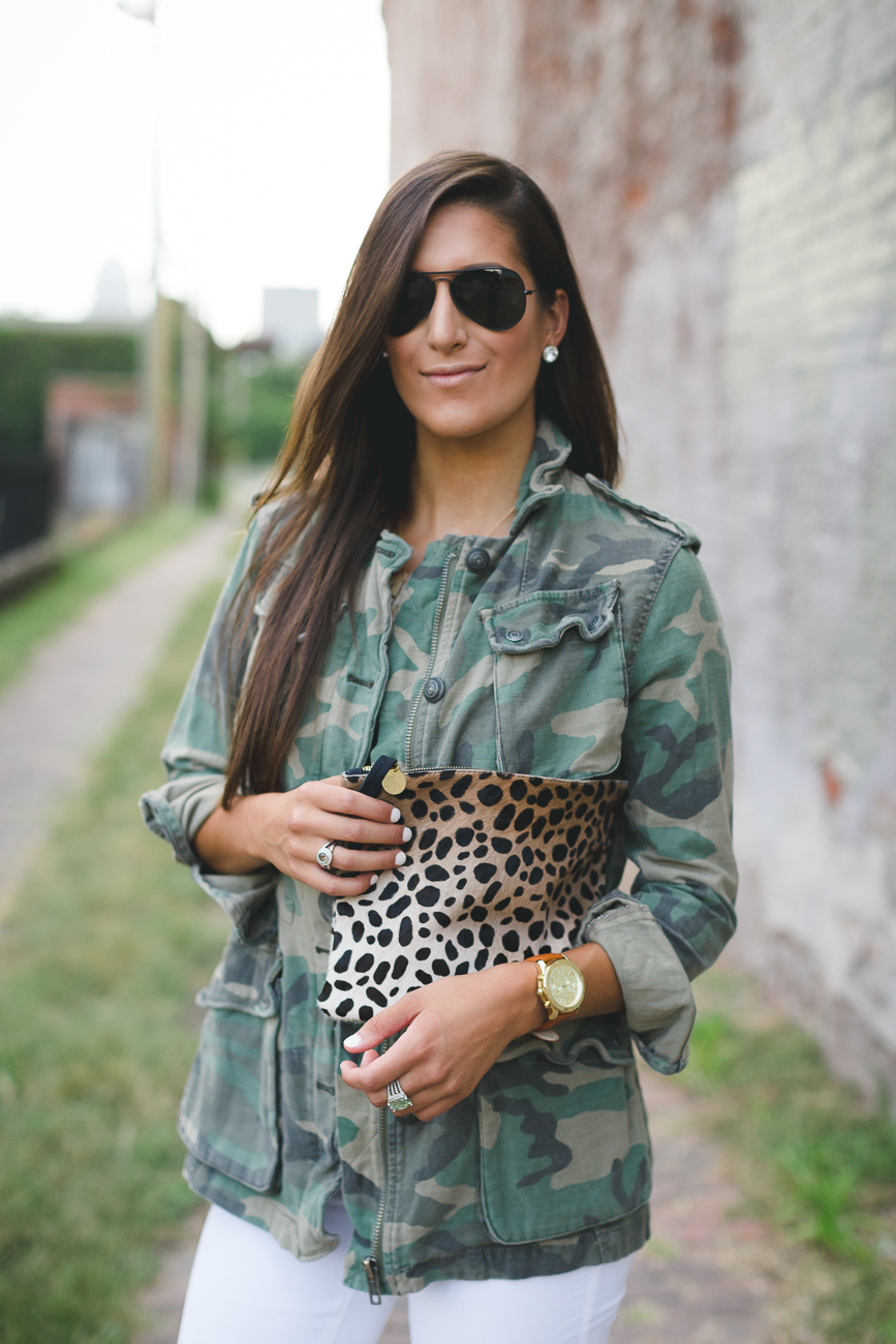 camoflauge jacket, camo coat, camo jacket, camo outfit, cute fall camo, johnston and murphy boots, black ray ban aviators, white jeans during fall, how to wear white jeans in the fall, clare v calf hair clutch, blonde marble monogram necklace, braided booties, fall style, fall fashion, southern fashion blogger // grace wainwright a southern drawl