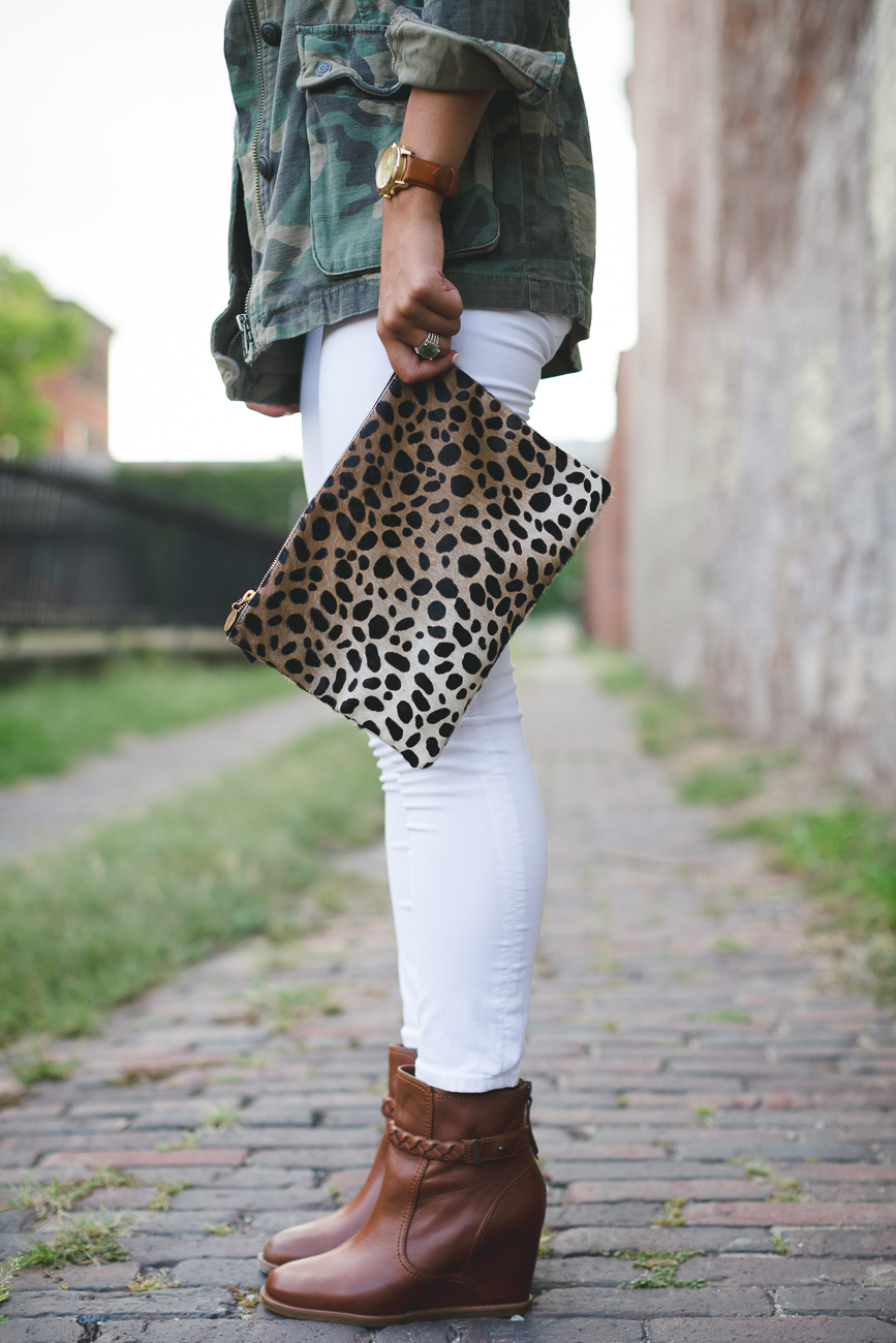 camoflauge jacket, camo coat, camo jacket, camo outfit, cute fall camo, johnston and murphy boots, black ray ban aviators, white jeans during fall, how to wear white jeans in the fall, clare v calf hair clutch, blonde marble monogram necklace, braided booties, fall style, fall fashion, southern fashion blogger // grace wainwright a southern drawl