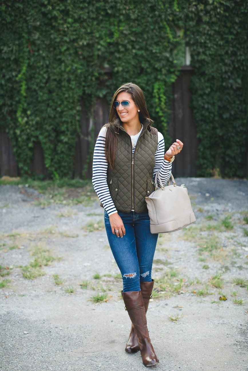 quilted vest, stripe tee, ag distressed skinny jeans, johnston and murphy cognac riding boots, acrylic monogram necklace, blonde marble monogram necklace, fall style, stripe fall outfit, fall fashion, southern fashion blogger // grace wainwright a southern drawl