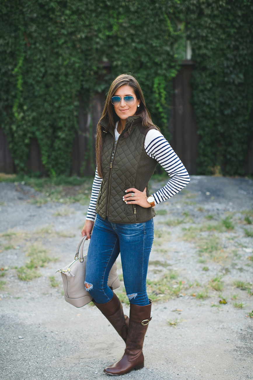 quilted vest, stripe tee, ag distressed skinny jeans, johnston and murphy cognac riding boots, acrylic monogram necklace, blonde marble monogram necklace, fall style, stripe fall outfit, fall fashion, southern fashion blogger // grace wainwright a southern drawl
