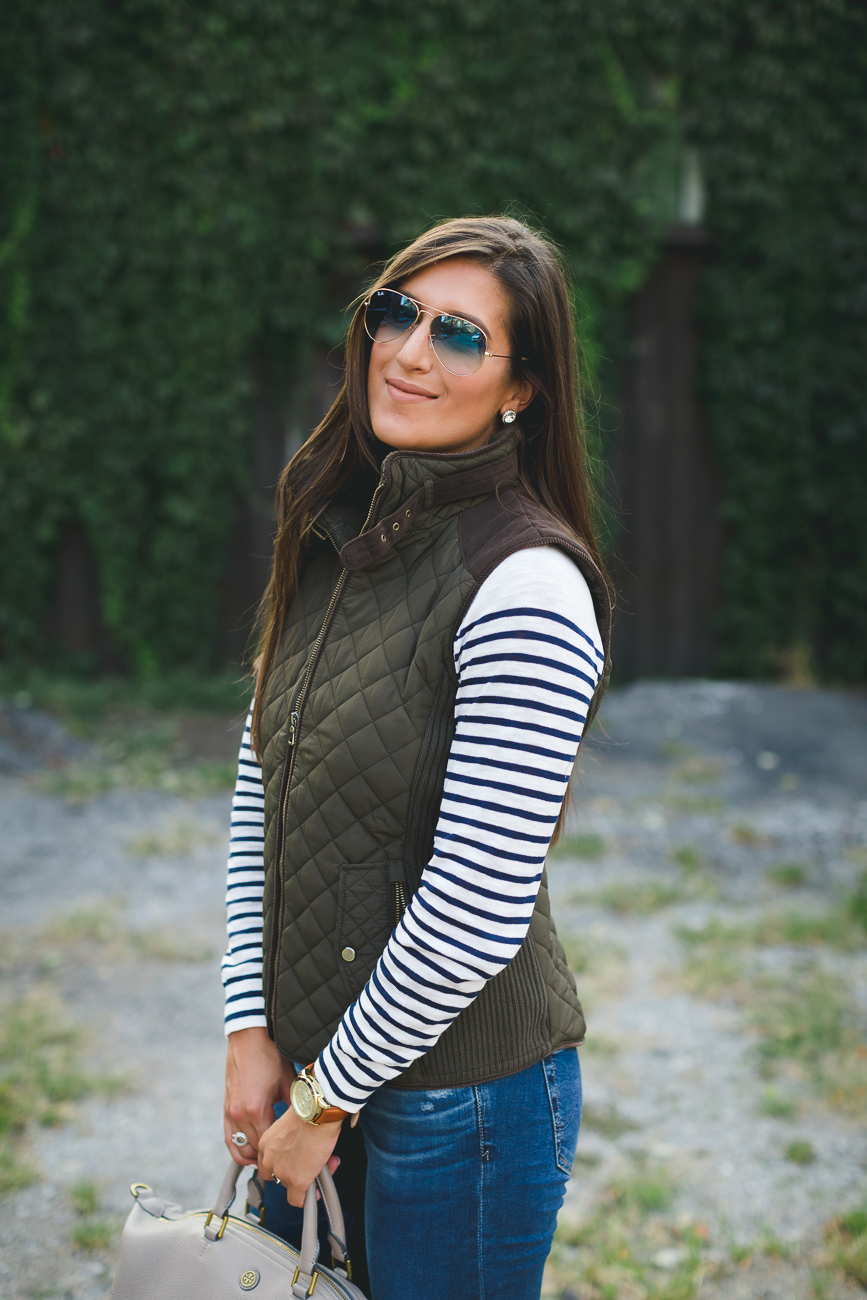 quilted vest, stripe tee, ag distressed skinny jeans, johnston and murphy cognac riding boots, acrylic monogram necklace, blonde marble monogram necklace, fall style, stripe fall outfit, fall fashion, southern fashion blogger // grace wainwright a southern drawl