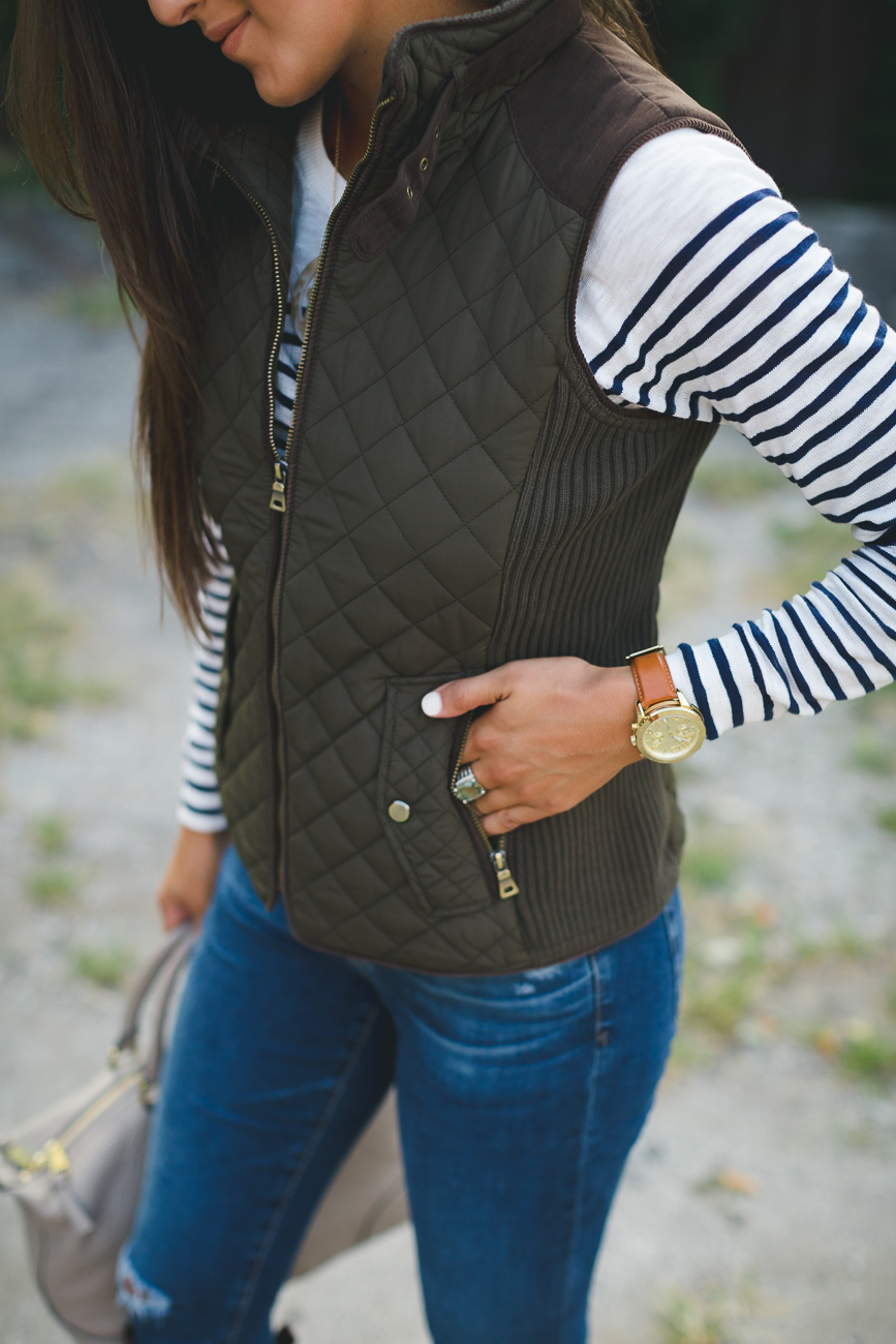 quilted vest, stripe tee, ag distressed skinny jeans, johnston and murphy cognac riding boots, acrylic monogram necklace, blonde marble monogram necklace, fall style, stripe fall outfit, fall fashion, southern fashion blogger // grace wainwright a southern drawl