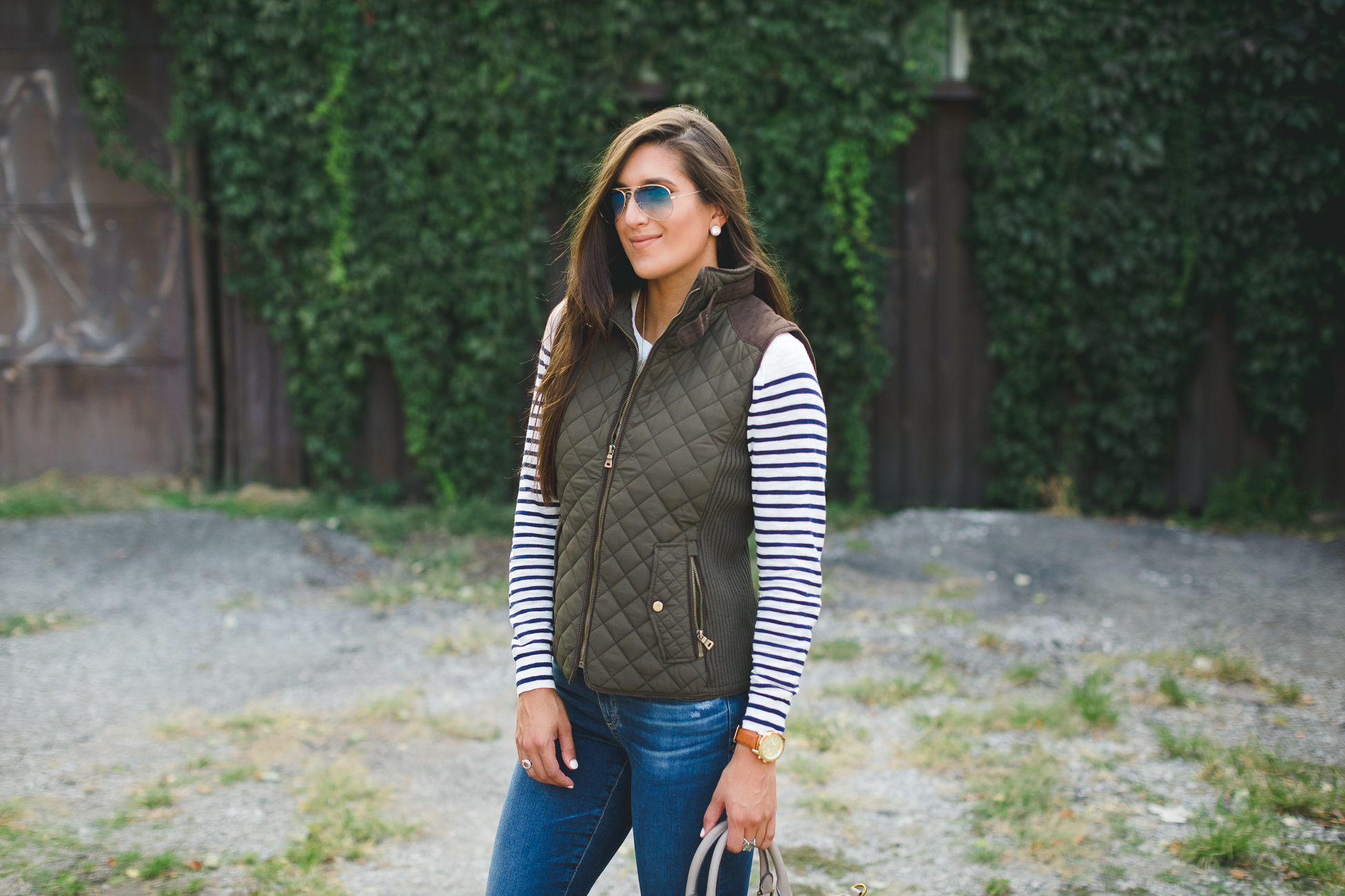 quilted vest, stripe tee, ag distressed skinny jeans, johnston and murphy cognac riding boots, acrylic monogram necklace, blonde marble monogram necklace, fall style, stripe fall outfit, fall fashion, southern fashion blogger // grace wainwright a southern drawl