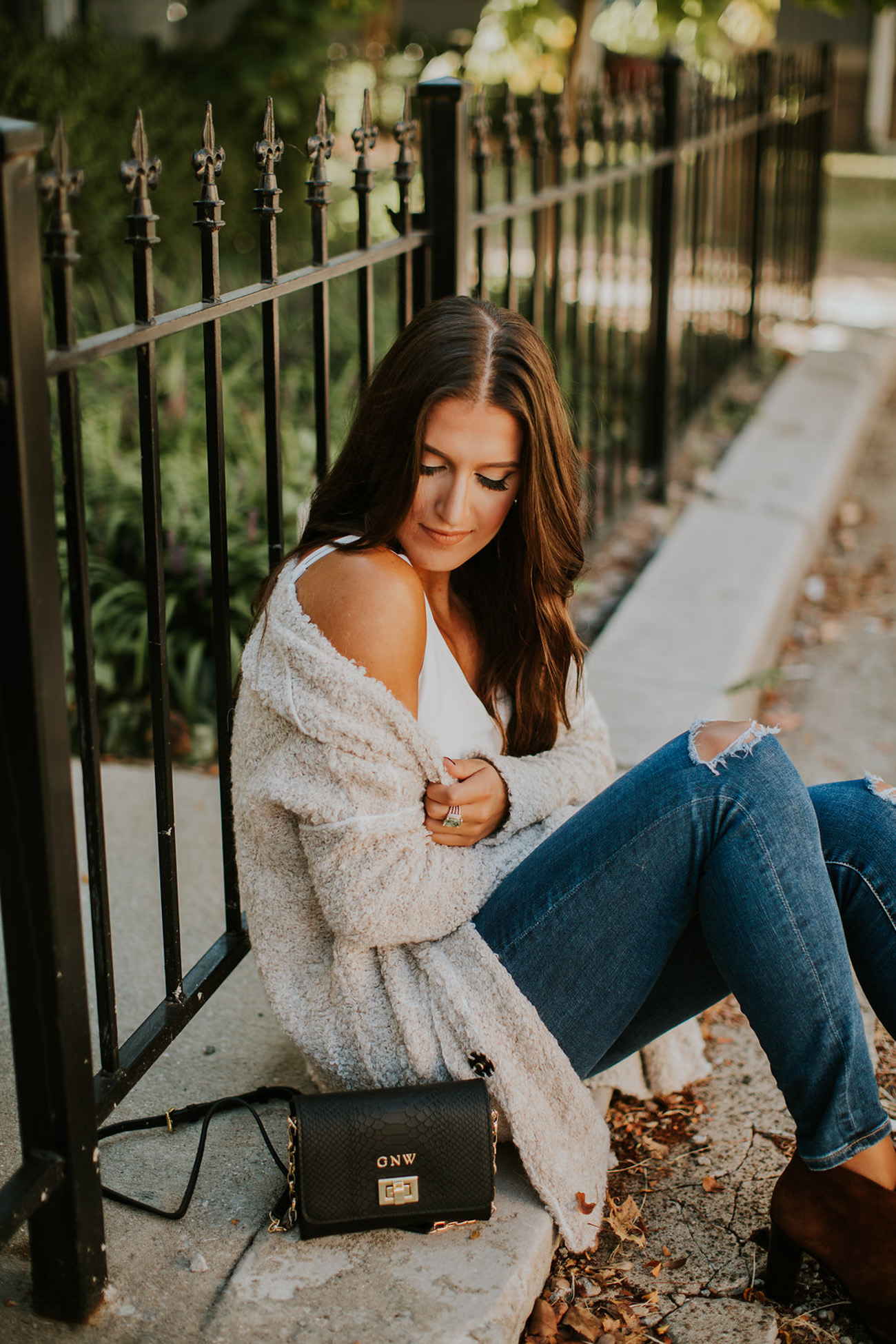 free people boucle cardigan, free people cardigan, ag distressed skinny jeans, lace up booties, fall style, cozy fall outfit, monogram crossbody bag, black monogram crossbody bag, ribbon choker necklace, southern fashion, fall fashion // grace wainwright a southern drawl
