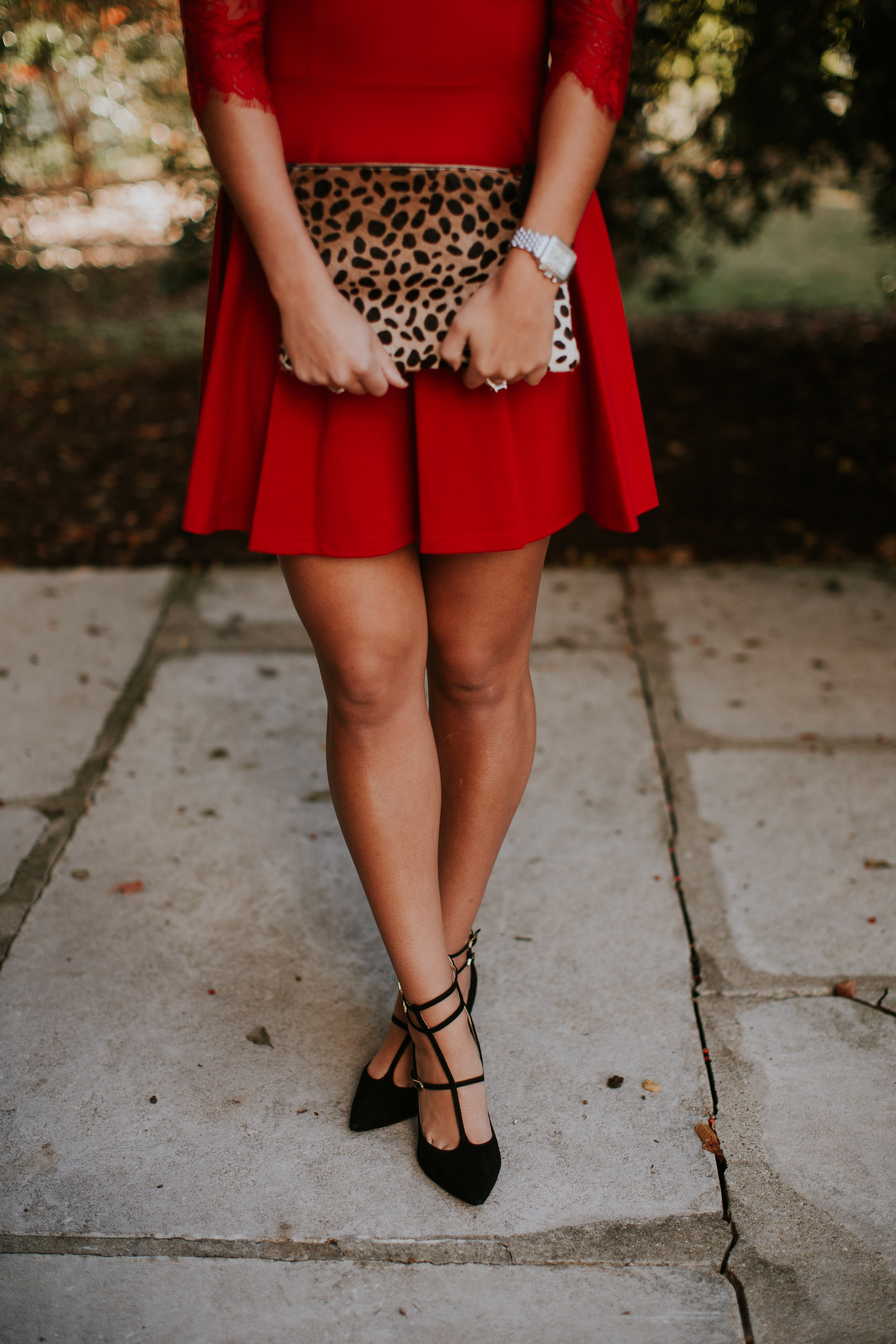 red lace dress, bb dakota yale lace panel dress, little red dress, holiday fashion, holiday style, holiday outfit, cute christmas party outfit, holiday outfit inspiration, calf hair clutch, clare v calf hair clutch, holiday gift guide, christmas cocktail party outfit, t strap pumps // grace wainwright a southern drawl