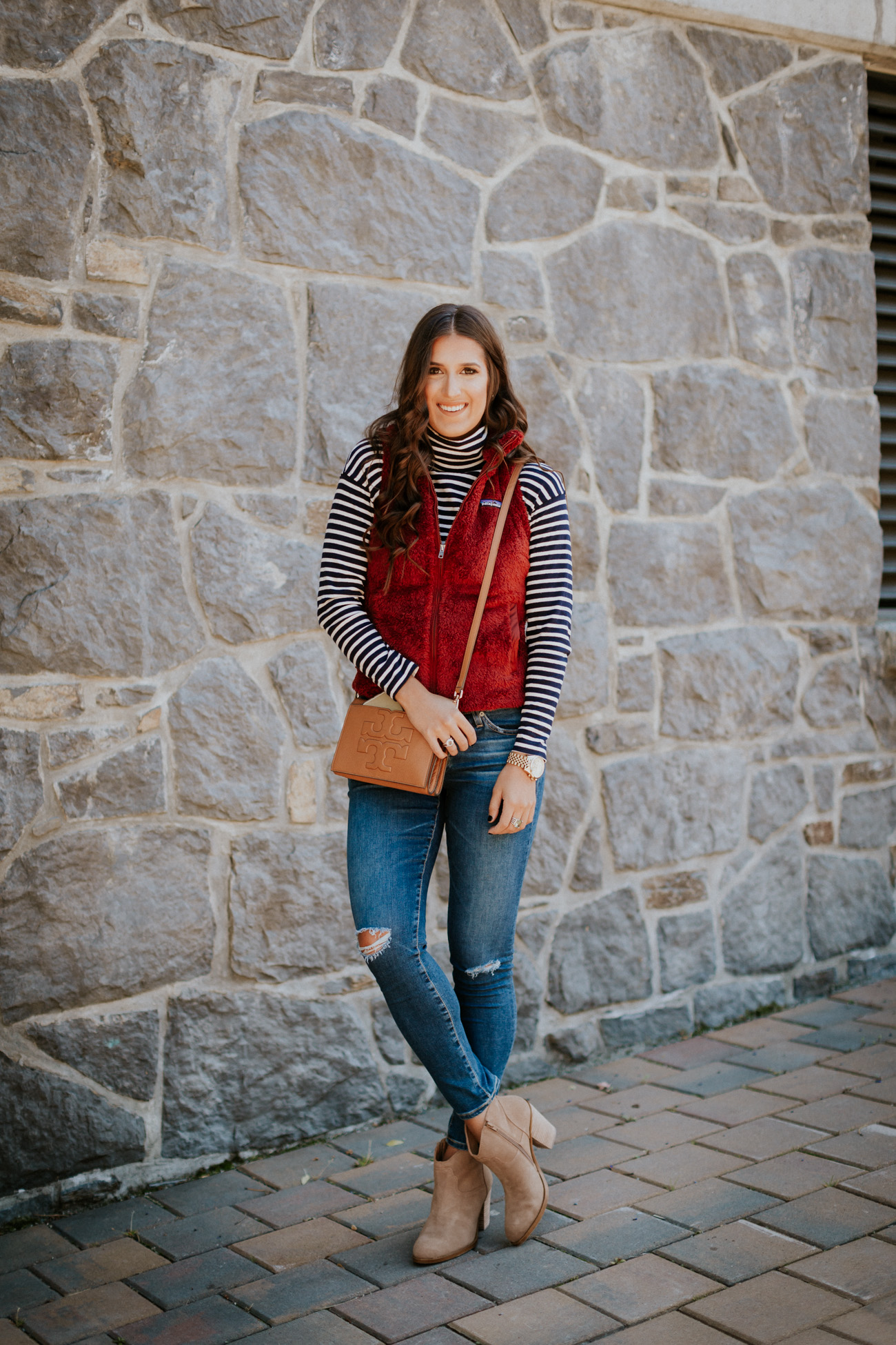 patagonia fleece vest, stripe turtleneck tee, lucky brand booties, ag distressed skinny jeans, holiday style, holiday fashion, fall style, fall fashion // grace wainwright a southern drawl