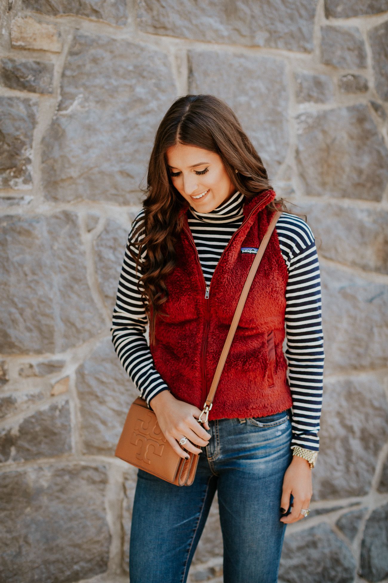 patagonia fleece vest, stripe turtleneck tee, lucky brand booties, ag distressed skinny jeans, holiday style, holiday fashion, fall style, fall fashion // grace wainwright a southern drawl