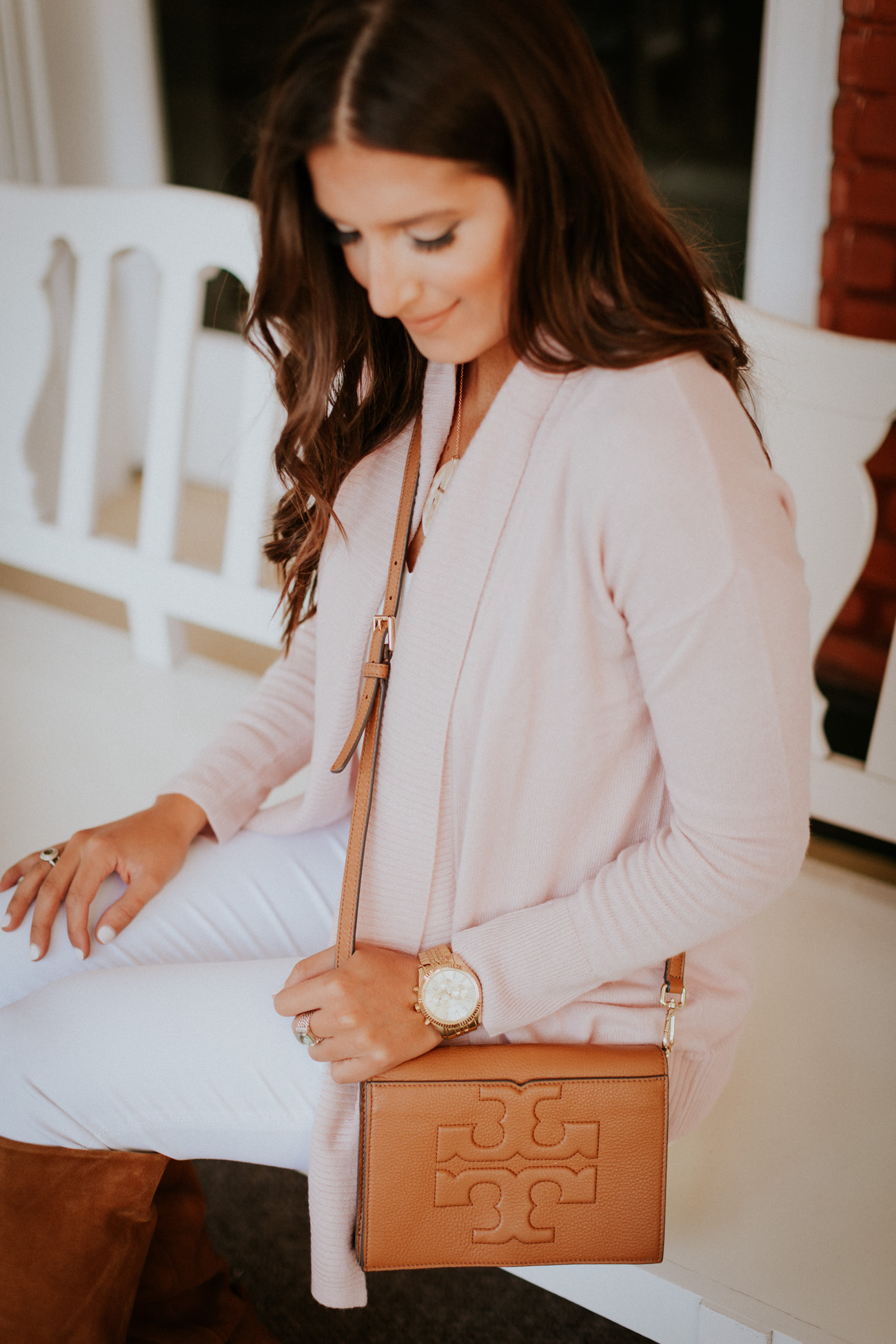 blush pink cardigan, over the knee boots, sam edelman victoria slouch boot, ann taylor open cardigan, omni homestead // grace wainwright a southern drawl