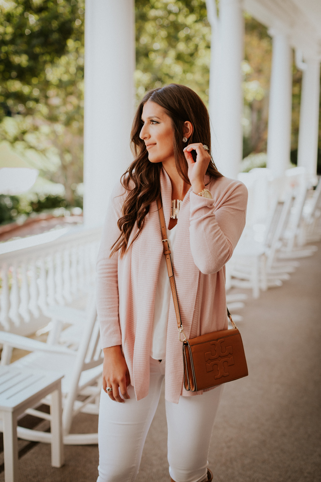 blush pink cardigan, over the knee boots, sam edelman victoria slouch boot, ann taylor open cardigan, omni homestead // grace wainwright a southern drawl