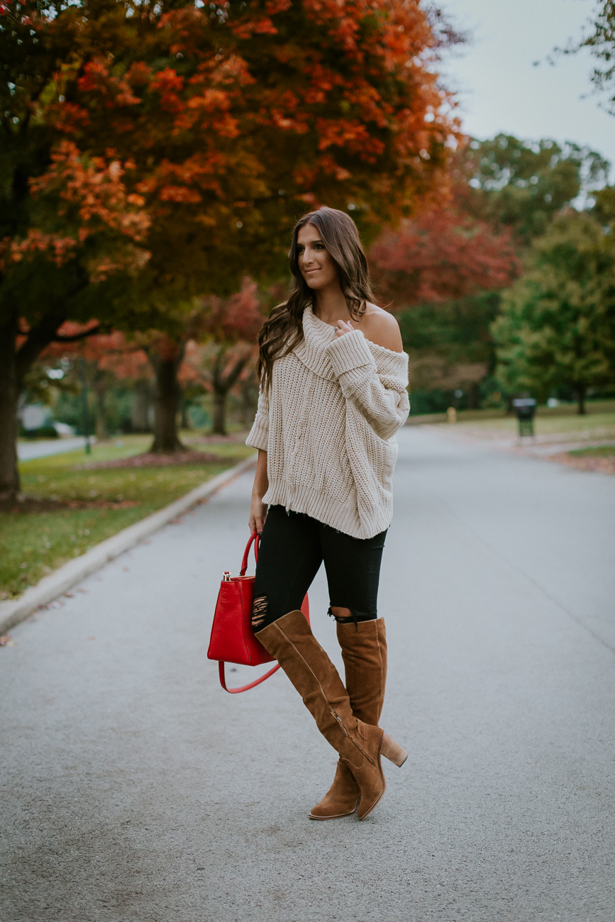 beige knit sweater, chicwish off the shoulder sweater, over the knee boots, dolce vita cash over the knee boot, vince camuto over the knee boot, vince camuto melaya over the knee boot, fall outfit, fall fashion, fall style // grace wainwright a southern drawl