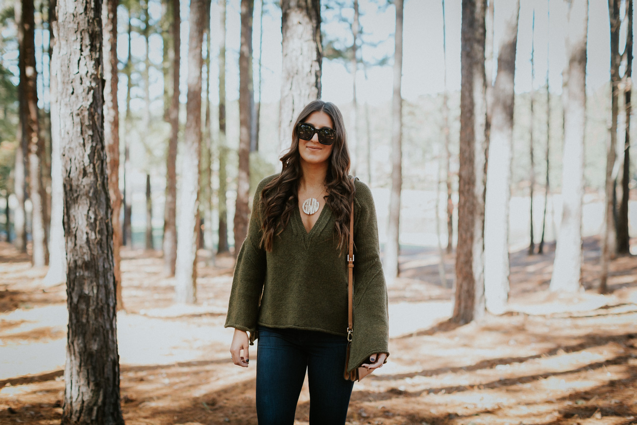 bell sleeve sweater, monogram necklace, free people sweater, fall style, fall fashion, vince camuto lehanna bootie, lace up bootie, cognac bootie, acrylic monogram necklace, celine sunglasses, cute fall outfit // grace wainwright a southern drawl