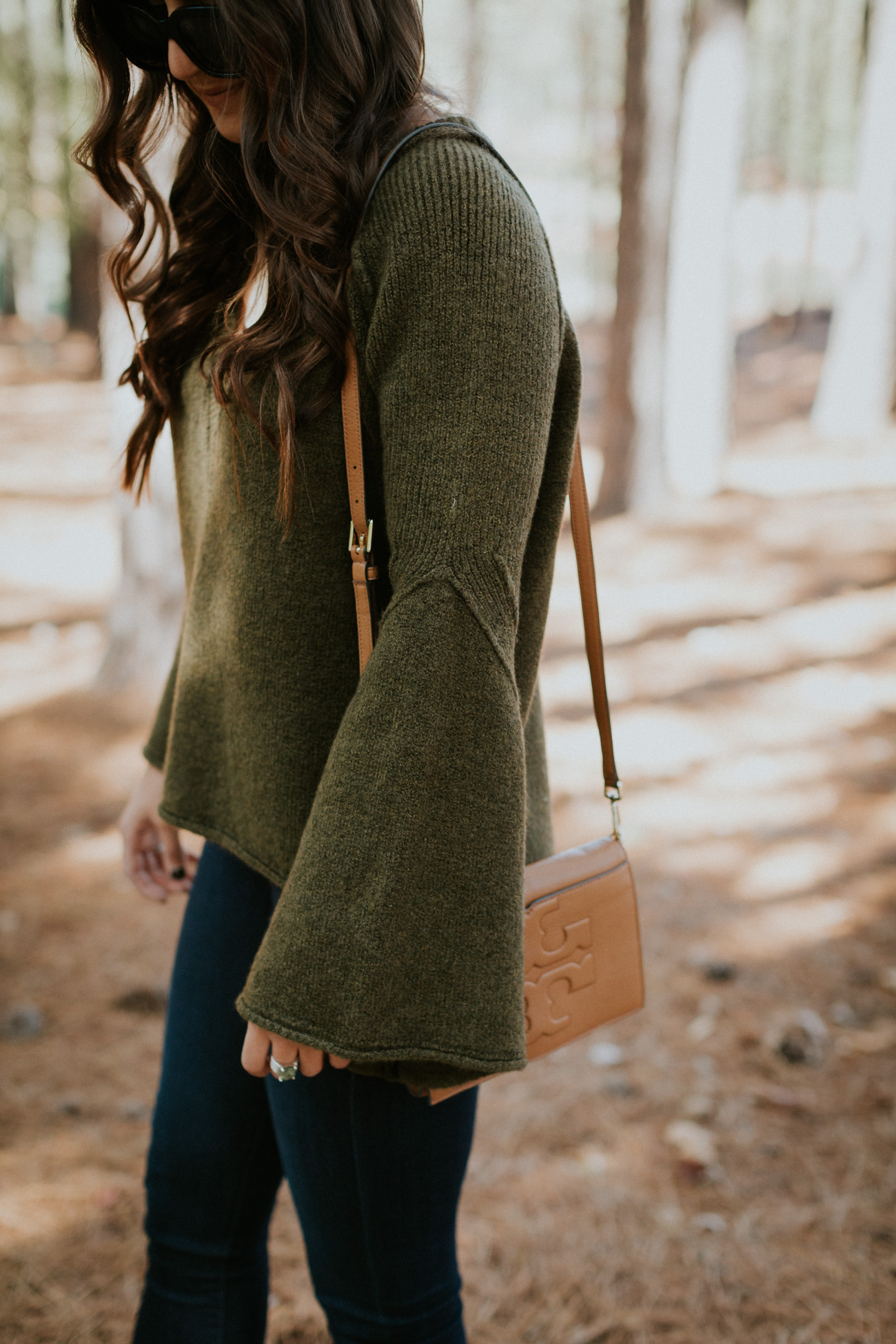 bell sleeve sweater, monogram necklace, free people sweater, fall style, fall fashion, vince camuto lehanna bootie, lace up bootie, cognac bootie, acrylic monogram necklace, celine sunglasses, cute fall outfit // grace wainwright a southern drawl