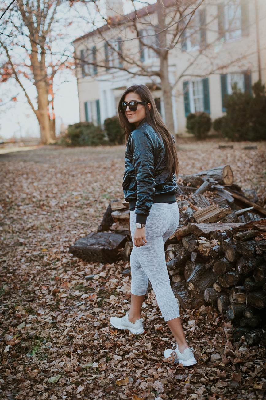 black bomber jacket, athleisure, cotopaxi coat, cotopaxi jacket, fall style, fall fashion, activewear, nike air presto sneaker, celine sunglasses, lululemon tank, lululemon mesh tank, lululemon wunder under leggings, lululemon activewear, athleisure, cute activewear outfit, a southern drawl workouts, weekly workout routine, weekly workouts, weekly exercises, polar a360 watch, cute activewear, cute workout outfit, running routine, girl gains, fitness inspiration, fitspo, athleisure, nike athleisure outfit // grace wainwright a southern drawl