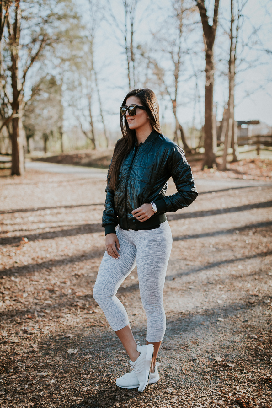 black bomber jacket, athleisure, cotopaxi coat, cotopaxi jacket, fall style, fall fashion, activewear, nike air presto sneaker, celine sunglasses, lululemon tank, lululemon mesh tank, lululemon wunder under leggings, lululemon activewear, athleisure, cute activewear outfit, a southern drawl workouts, weekly workout routine, weekly workouts, weekly exercises, polar a360 watch, cute activewear, cute workout outfit, running routine, girl gains, fitness inspiration, fitspo, athleisure, nike athleisure outfit // grace wainwright a southern drawl