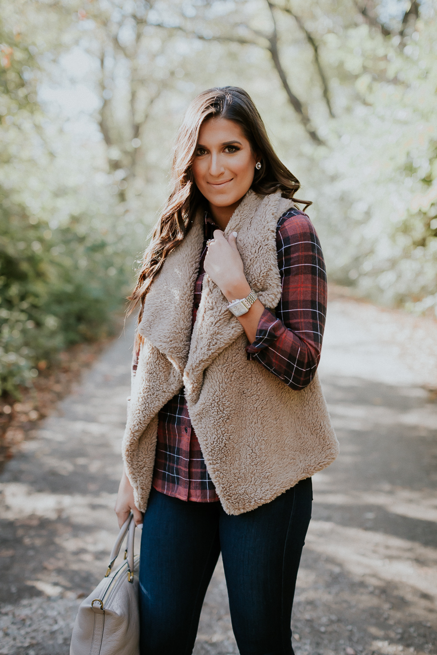 faux fur drape vest, fleece vest, fleece drape vest, vince camuto booties, fall booties, plaid shirt, flannel shirt, madewell ex boyfriend shirt, tory burch slouchy satchel, holiday style, holiday fashion, cute holiday outfit // grace wainwright a southern drawl