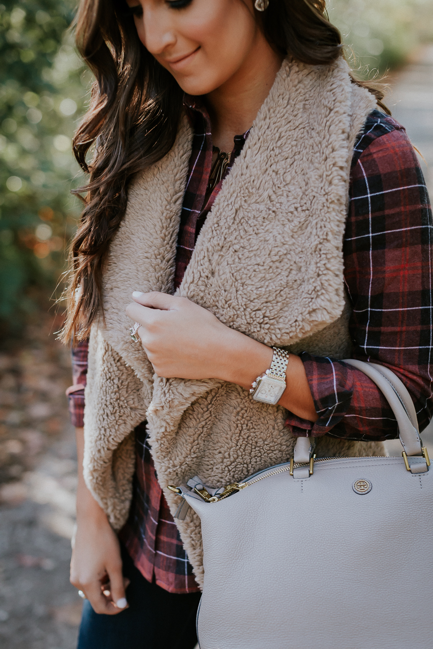 faux fur drape vest, fleece vest, fleece drape vest, vince camuto booties, fall booties, plaid shirt, flannel shirt, madewell ex boyfriend shirt, tory burch slouchy satchel, holiday style, holiday fashion, cute holiday outfit // grace wainwright a southern drawl