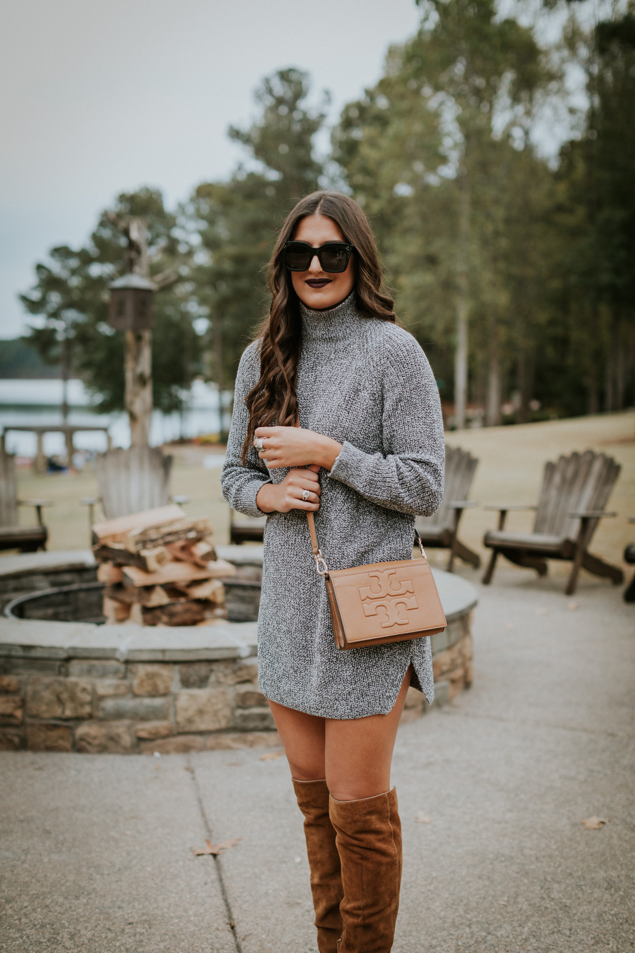 funnel neck sweater dress, over the knee boots, cognac over the knee boots, dolce vita over the knee boots, vince camuto over the knee boots, tory burch crossbody bag, winter lipsticks, fall lipsticks, celine sunglasses, winter style, cute winter outfit, casual winter outfit // grace wainwright a southern drawl