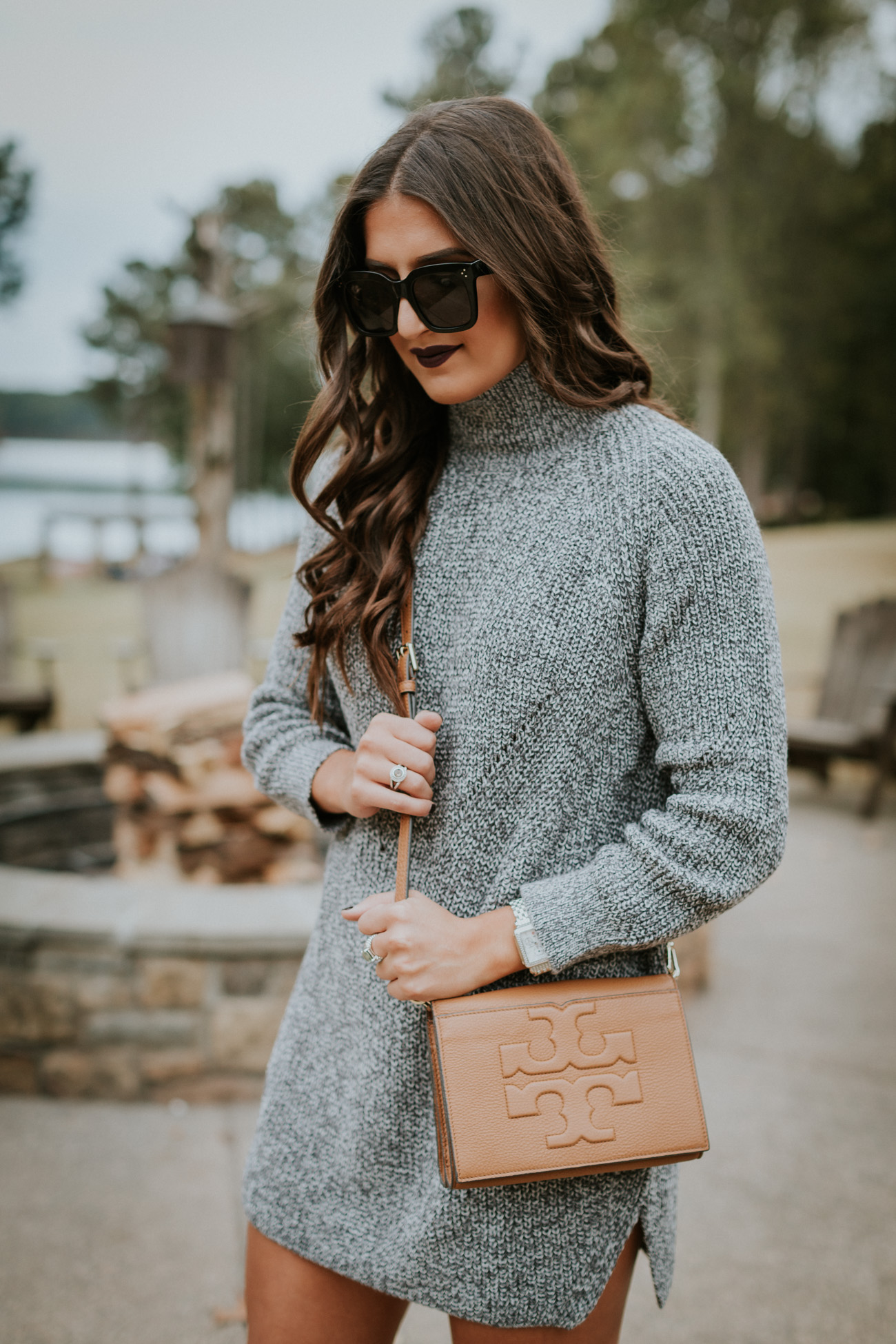 funnel neck sweater dress, over the knee boots, cognac over the knee boots, dolce vita over the knee boots, vince camuto over the knee boots, tory burch crossbody bag, winter lipsticks, fall lipsticks, celine sunglasses, winter style, cute winter outfit, casual winter outfit // grace wainwright a southern drawl