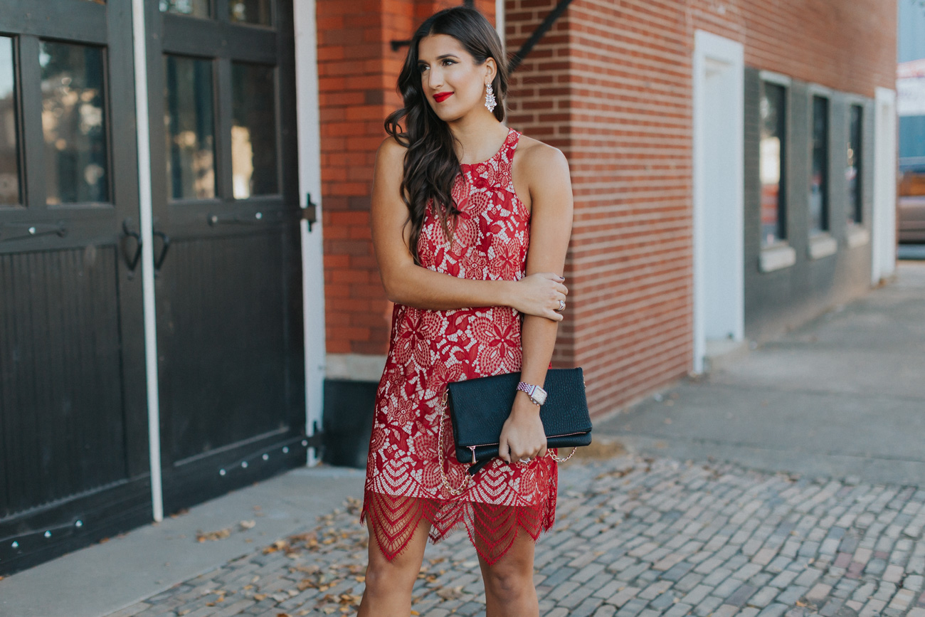 express dress, red lace dress, holiday party outfit, holiday style, holiday dress, christmas dress, christmas party outfit, winter style, black foldover clutch, black pumps, cute holiday look, feminine holiday party, twine present, gold stripe wrapping paper, southern fashion blogger // grace wainwright a southern drawl