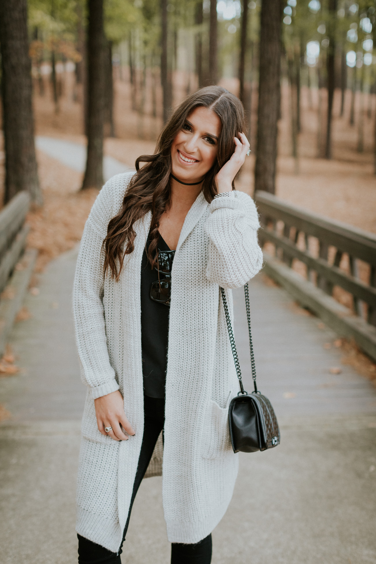 long gray cardigan, black quilted bag, black quilted crossbody bag, black distressed skinny jeans, choker necklace, halogen black booties, fall style, fall outfit, fall fashion, nordstrom fall accessories, nordstrom accessories, long cardigan, waterfall cardigan // grace wainwright a southern drawl