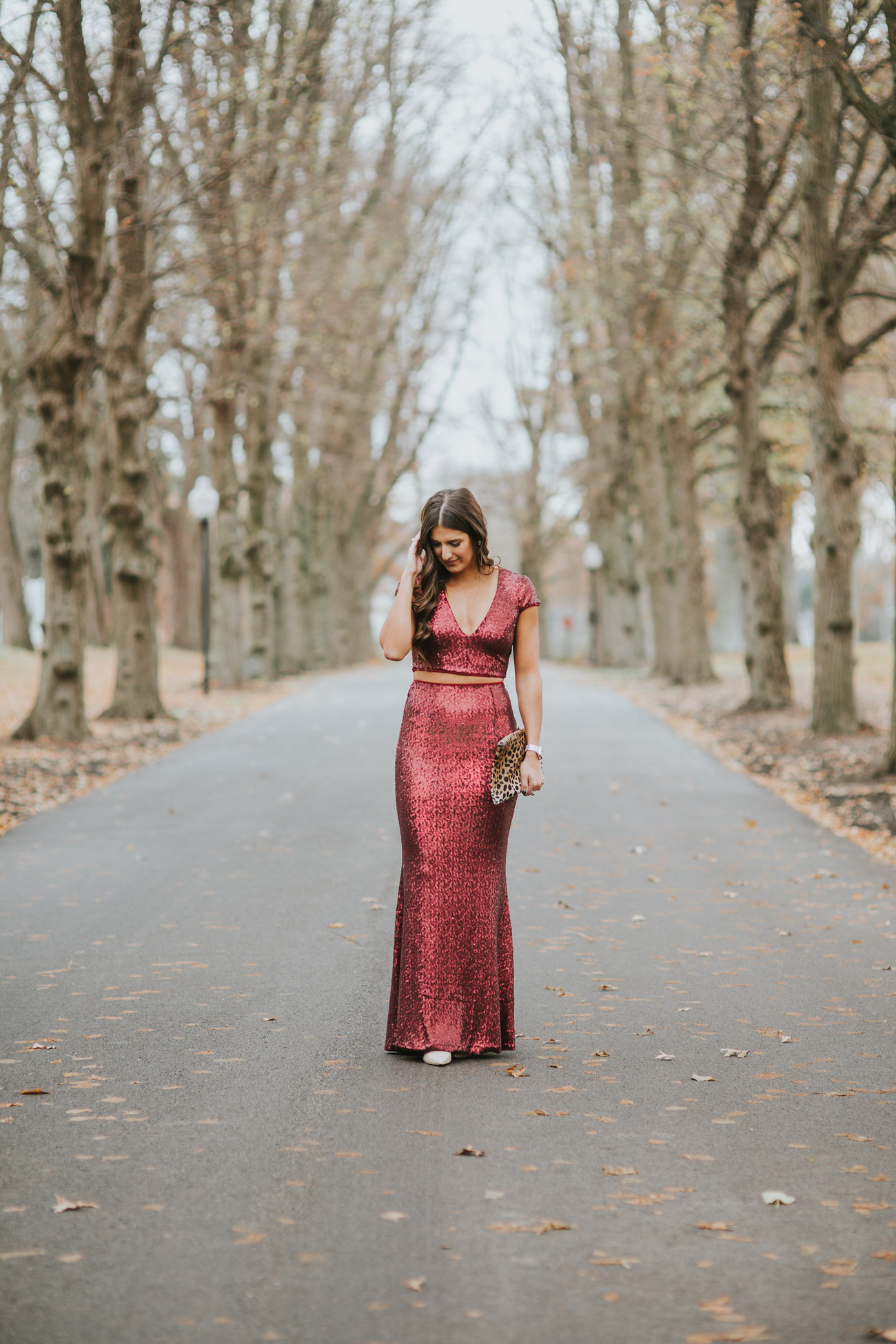 sequin two piece gown, sequin gown, new years eve outfit, new years outfit, new years dress, sequin maxi dress, sequin crop top, leopard clutch, calf hair clutch, nye dress, fancy nye outfit // grace wainwright a southern drawl