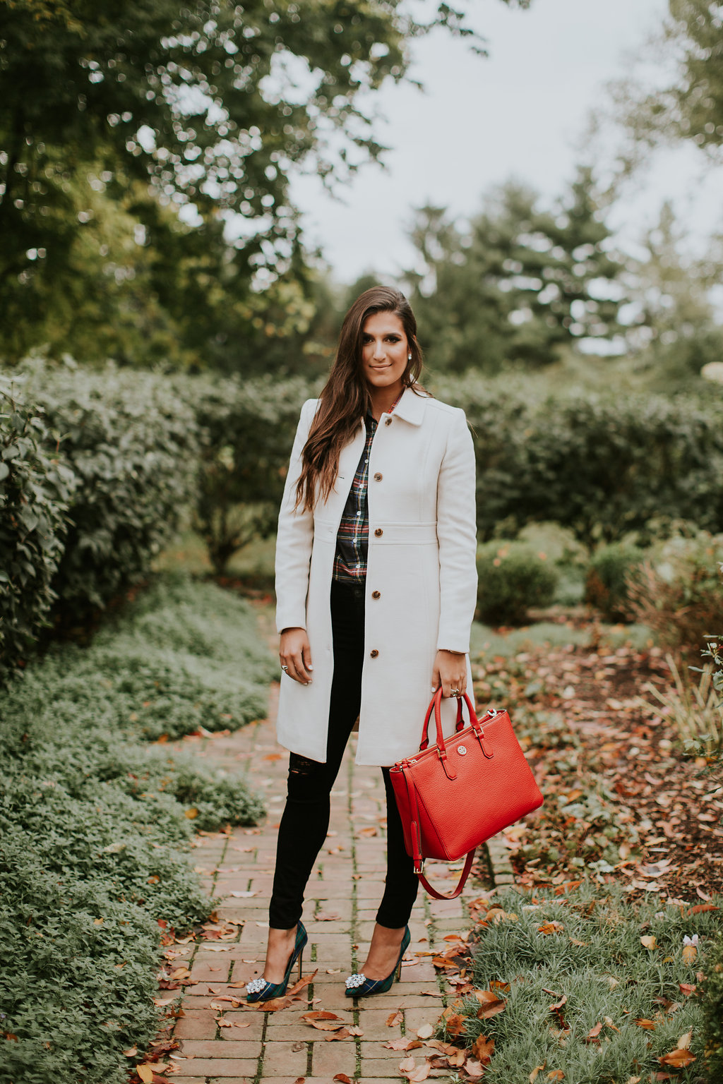 Double Cloth Lady Day Coat, j.crew coat, j.crew thinsulate coat, tartan plaid shirt, tartan plaid heels, plaid pumps, red tory burch tote, winter style, holiday outfit, holiday fashion // grace wainwright a southern drawl