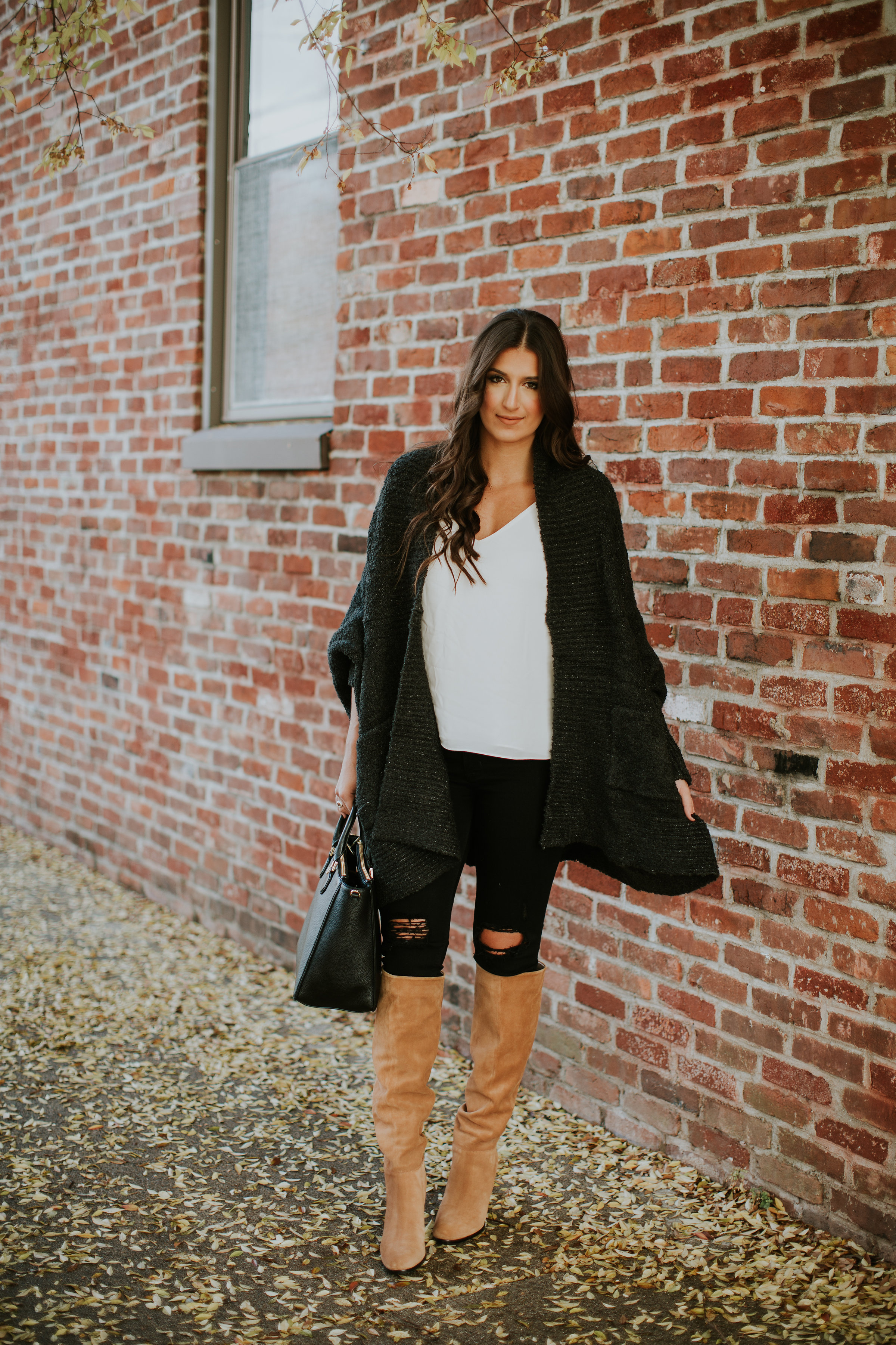 cozy style, cocoon cardigan, black cardigan, cozy cardigan, white topshop camisole, sam edelman over the knee boots, brown over the knee boots, winter style, chicwish cardigan, winter fashion, southern fashion blogger, cute fall outfit, fall style // grace wainwright a southern drawl