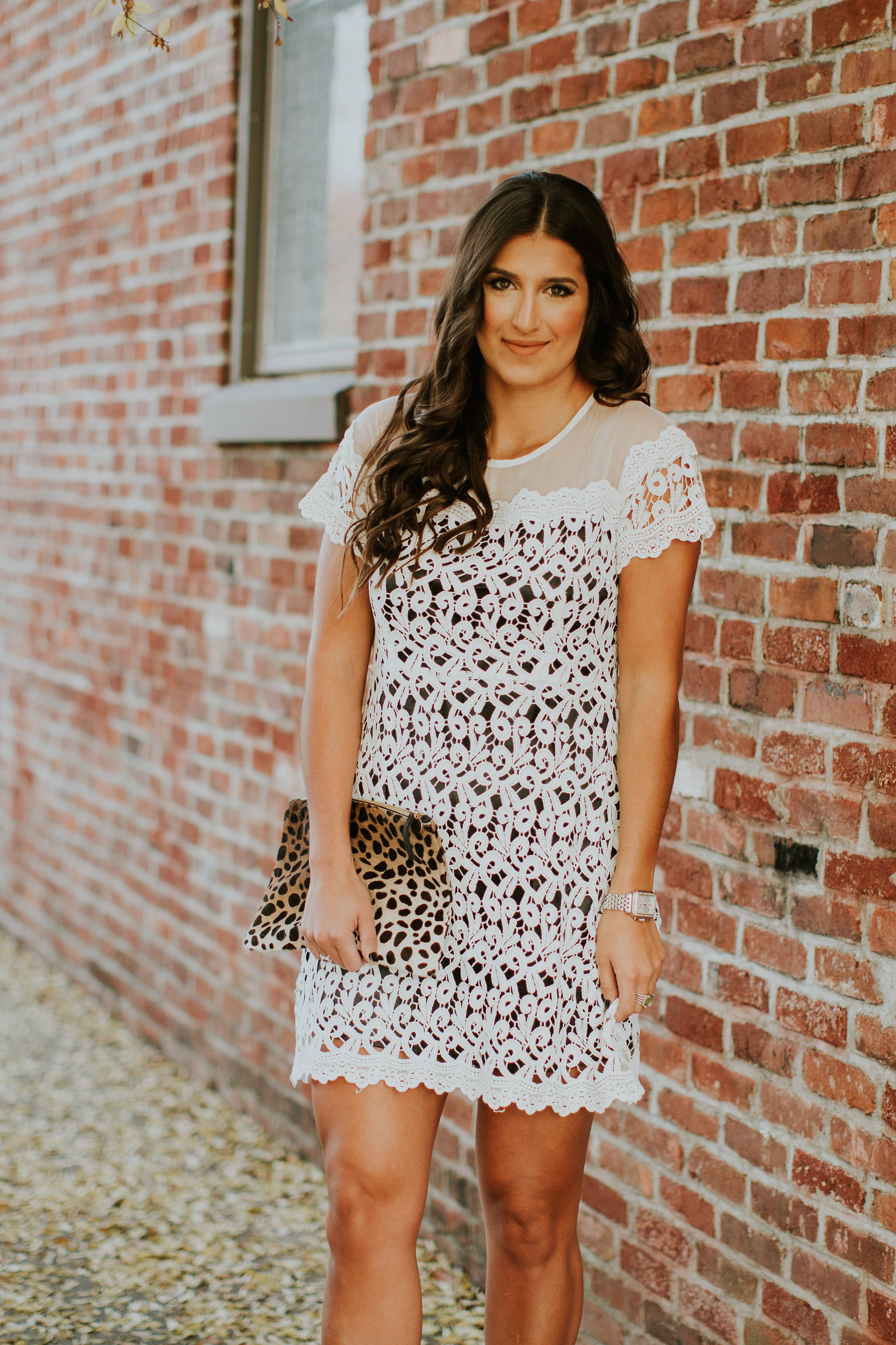 lace cap sleeve dress, chicwish dress, holiday fashion, holiday outfit, winter white, winter white dress, leopard clutch, clare v calf hair clutch, cocktail dress, cocktail party // grace wainwright a southern drawl