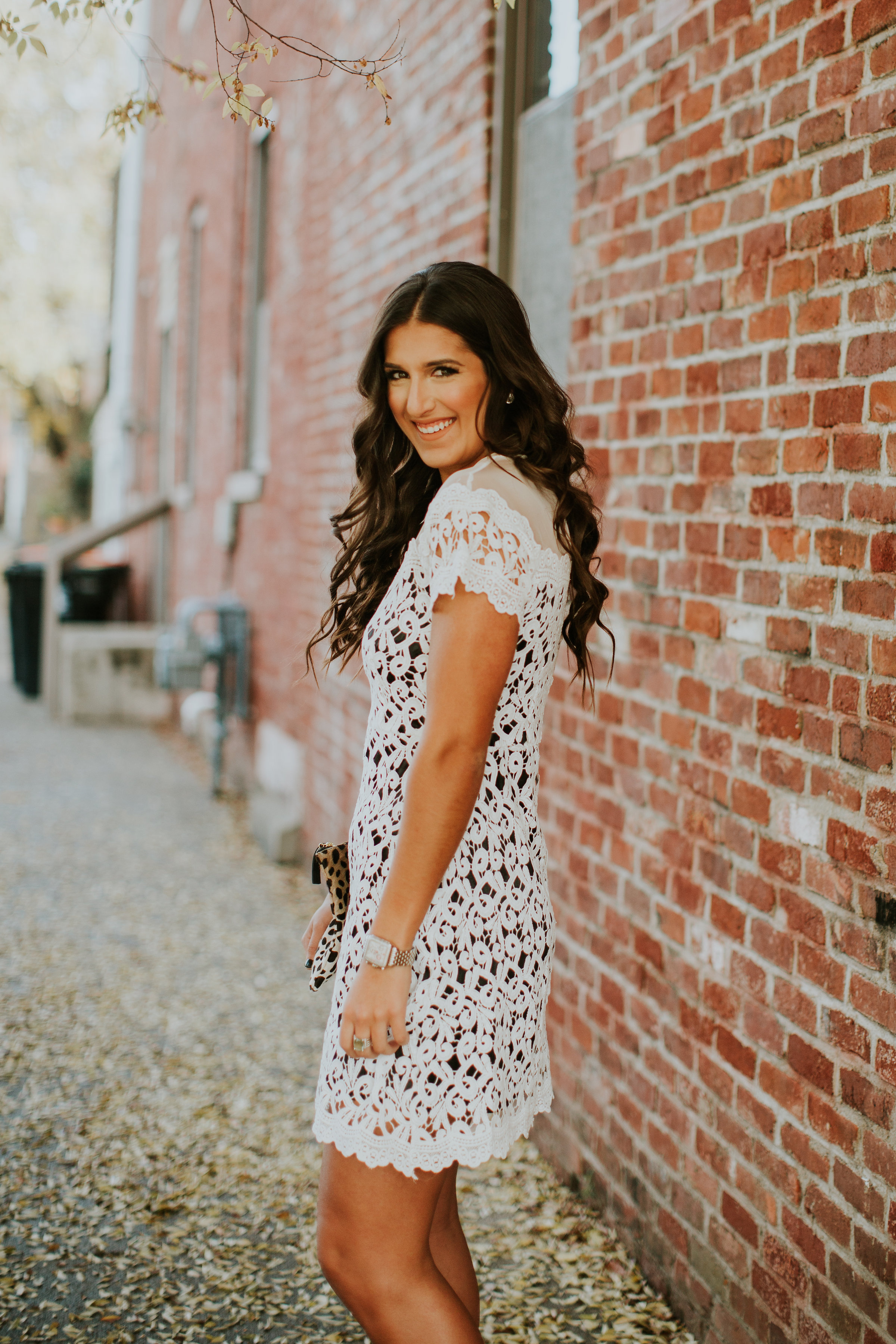lace cap sleeve dress, chicwish dress, holiday fashion, holiday outfit, winter white, winter white dress, leopard clutch, clare v calf hair clutch, cocktail dress, cocktail party // grace wainwright a southern drawl