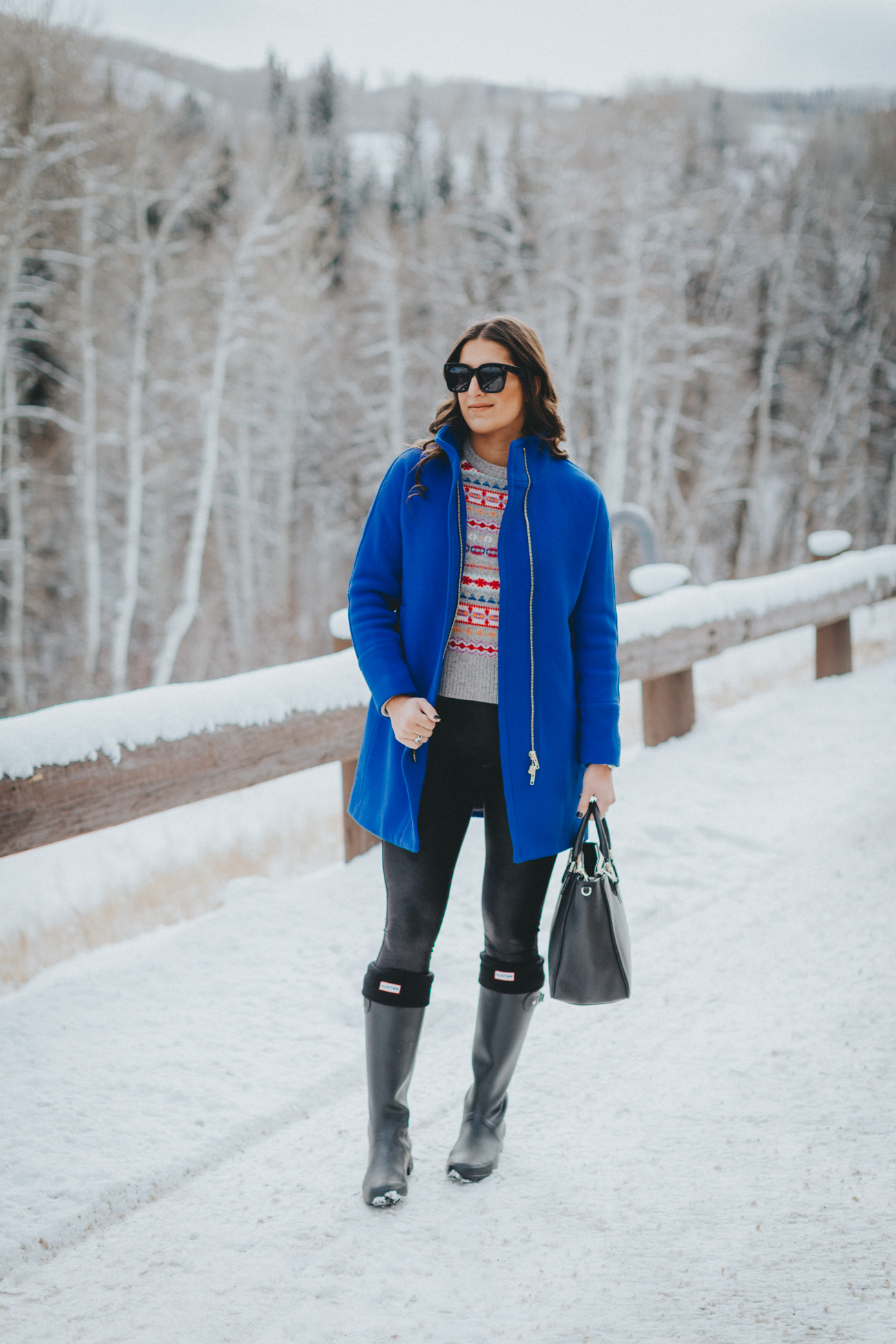 cobalt cocoon coat, j.crew cocoon coat, j.crew fair isle sweater, holiday fair isle sweater, hunter tour packable rain boot, colorado style, snow style, snow outfit, bachelor gulch // grace wainwright a southern drawl