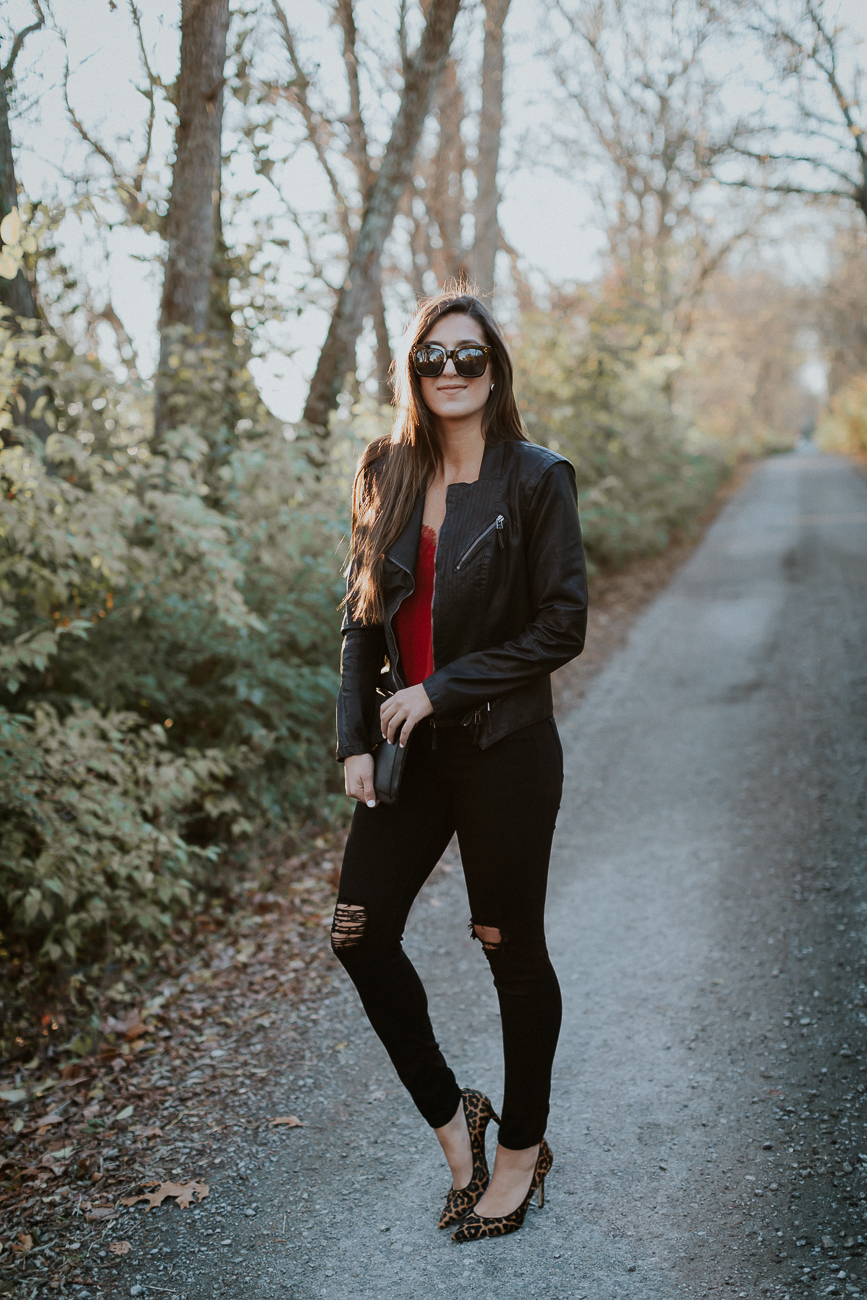 red holiday camisole, red camisole, black leather jacket, black moto jacket, leather moto jacket, distressed skinny jeans, calf hair pumps, leopard pumps, holiday outfit, holiday style, holiday fashion // grace wainwright a southern drawl