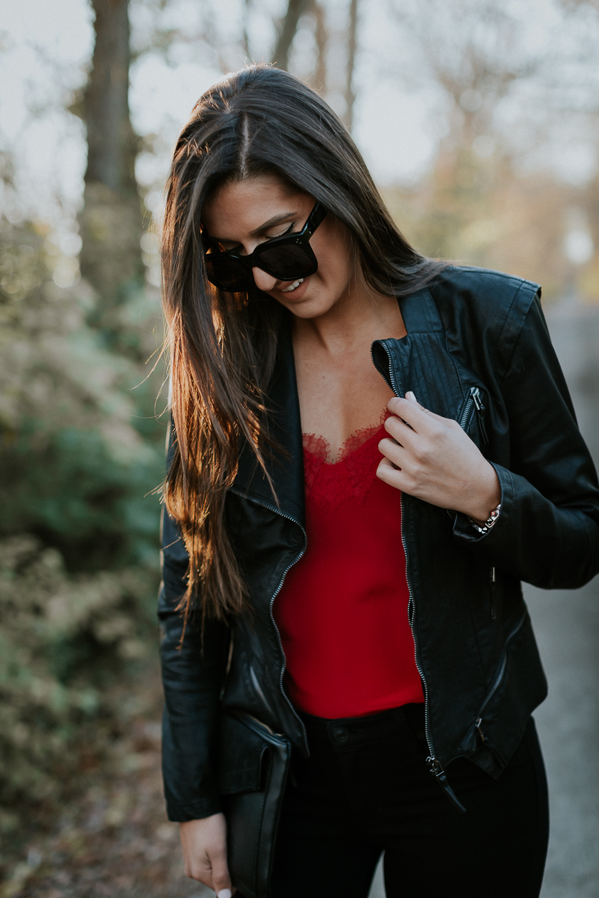 red holiday camisole, red camisole, black leather jacket, black moto jacket, leather moto jacket, distressed skinny jeans, calf hair pumps, leopard pumps, holiday outfit, holiday style, holiday fashion // grace wainwright a southern drawl