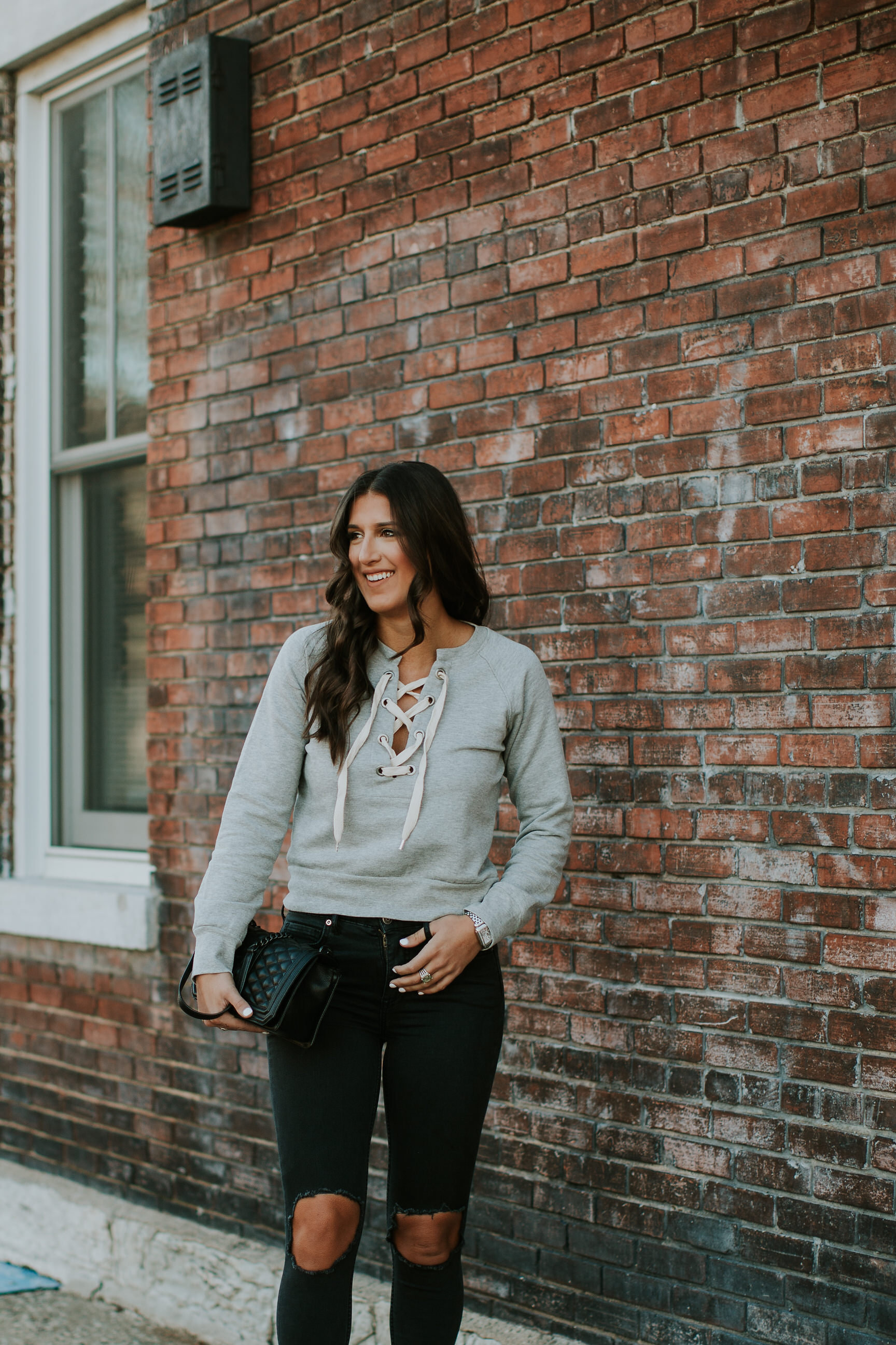 lace up sweatshirt, busted skinny jeans, free people busted skinny jeans, free people distressed skinny jeans, winter fashion, winter style, steve madden carrson sandals, off the shoulder lace up sweater, off the shoulder sweater // grace wainwright a southern drawl