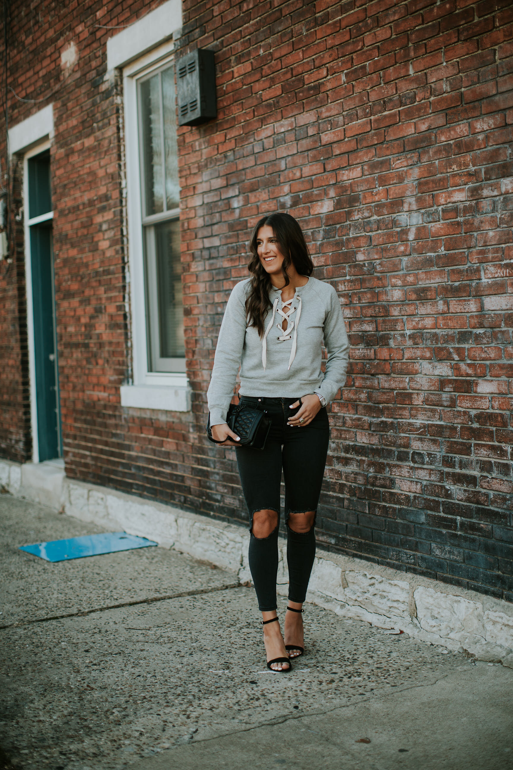 lace up sweatshirt, busted skinny jeans, free people busted skinny jeans, free people distressed skinny jeans, winter fashion, winter style, steve madden carrson sandals, off the shoulder lace up sweater, off the shoulder sweater // grace wainwright a southern drawl