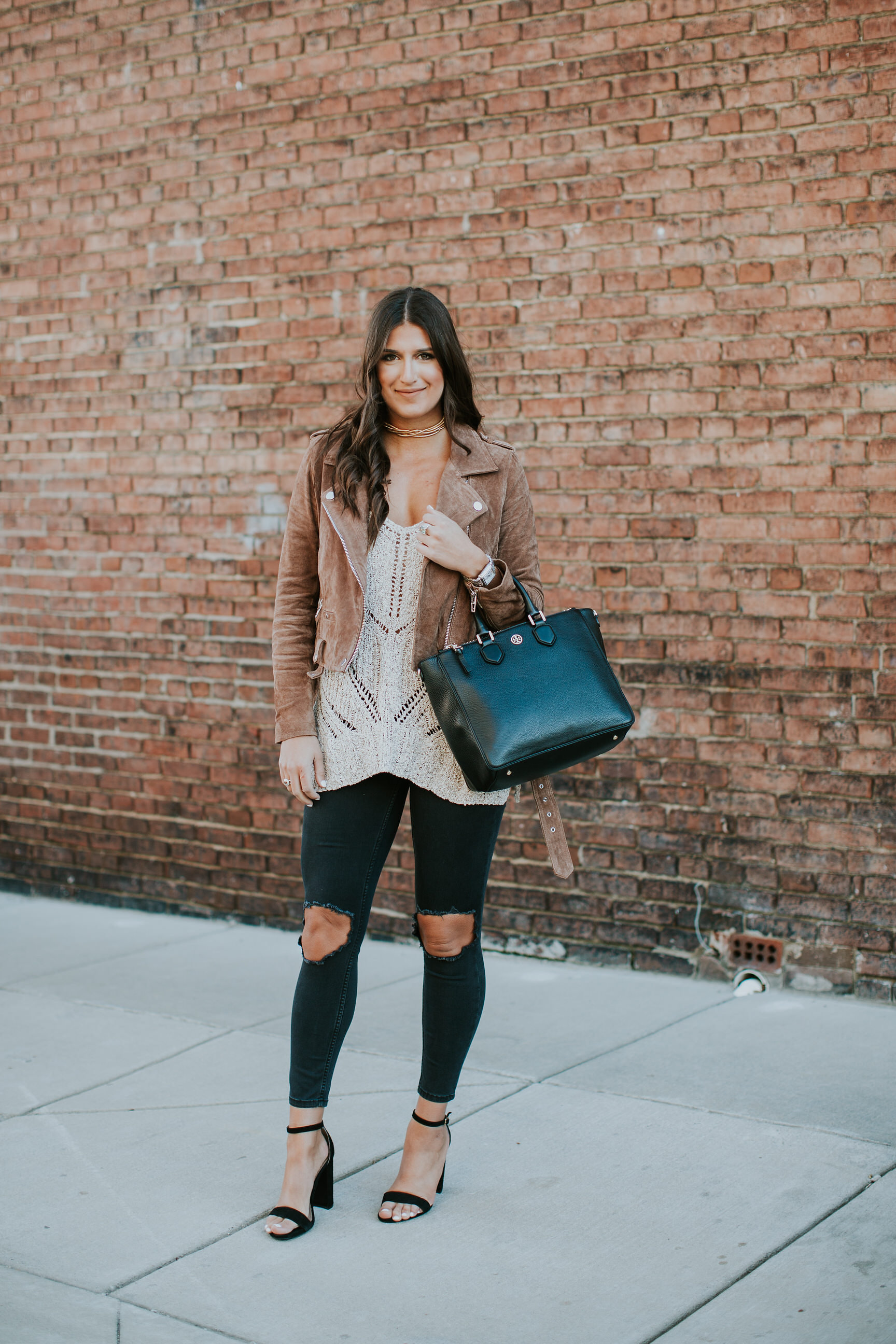 beige sleeveless sweater, free people busted skinny jeans, blanknyc moto jacket, suede moto jacket, neutral outfit, neutral winter outfit // grace wainwright a southern drawl