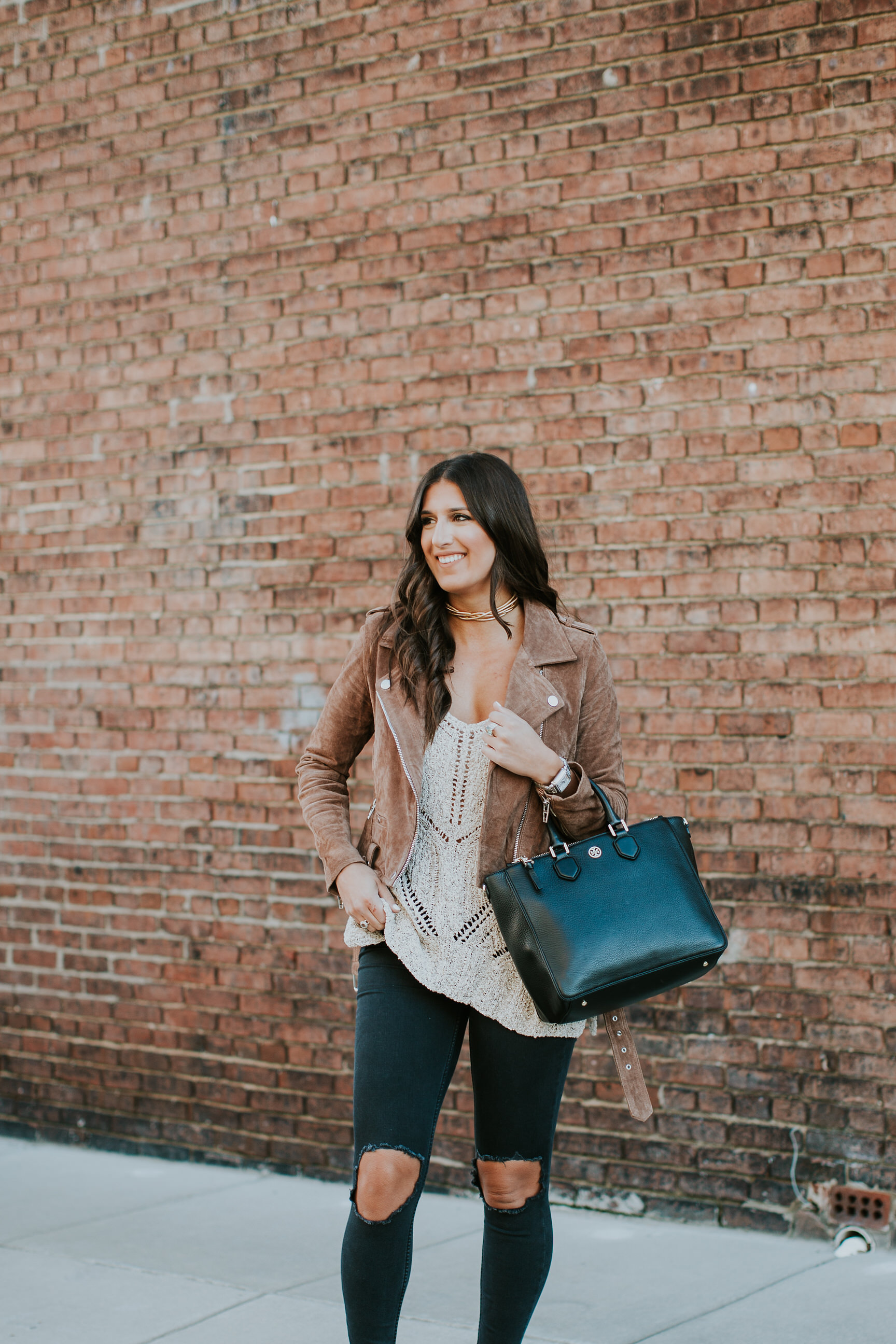 beige sleeveless sweater, free people busted skinny jeans, blanknyc moto jacket, suede moto jacket, neutral outfit, neutral winter outfit // grace wainwright a southern drawl