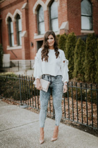 acid wash jeans, bow tie sweater, bow sleeve sweater, bow sleeves, chicwish sweater, free people skinny jeans, acid wash skinny jeans, old school jeans, christian louboutin so kate pumps, christian louboutin nude pumps // grace wainwright a southern drawl