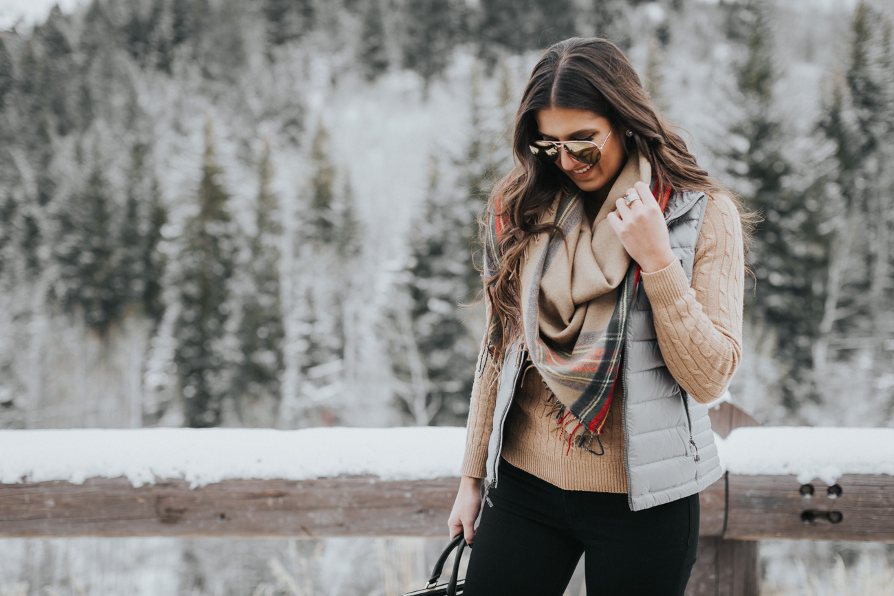 chic winter outfit, patagonia vest, plaid blanket scarf, plaid scarf, colorado style, sorel tofino boot, sorel style, sorel boots, celine aviator sunglasses, patagonia down puffer vest, winter fashion, winter outfit // grace wainwright a southern drawl