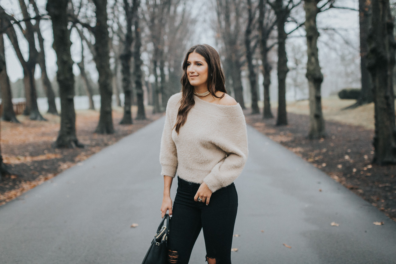 Neutral Off the Shoulder Sweater, chicwish sweater, chicwish outfit, nude pumps, distressed skinny jeans, neutral outfit, neutral palette, gold choker necklace // grace wainwright a southern drawl