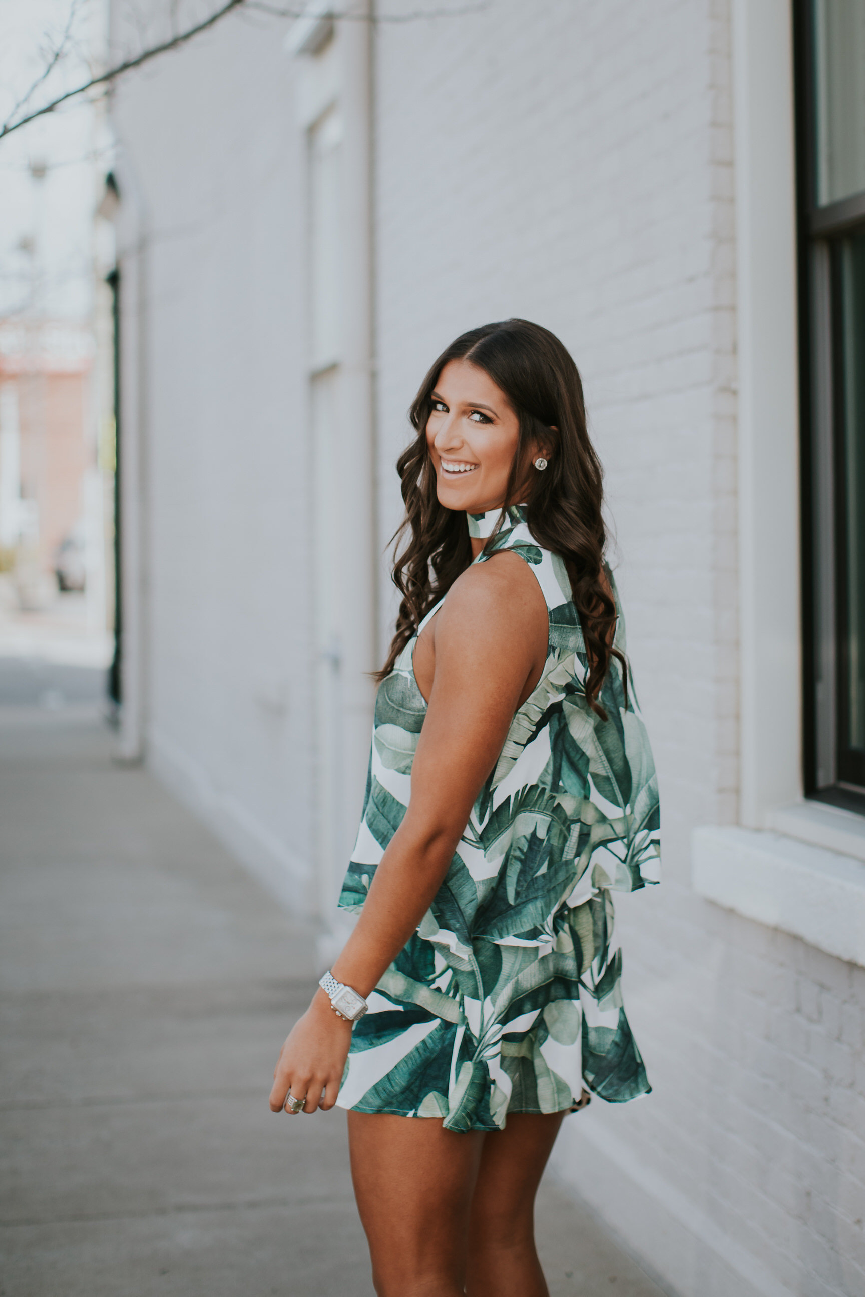 palm print set, palm print top, palm print shorts, palm print romper, palm print outfit, tropical outfit, vacation outfit, vacation style, calf hair clutch, leopard calf hair clutch, leopard clutch, clare v clutch, nude strappy heels // grace wainwright a southern drawl