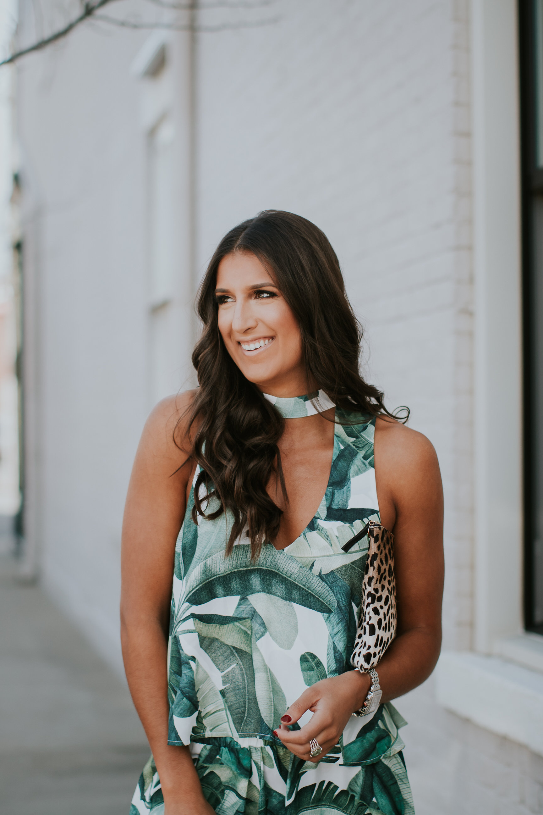 palm print set, palm print top, palm print shorts, palm print romper, palm print outfit, tropical outfit, vacation outfit, vacation style, calf hair clutch, leopard calf hair clutch, leopard clutch, clare v clutch, nude strappy heels // grace wainwright a southern drawl