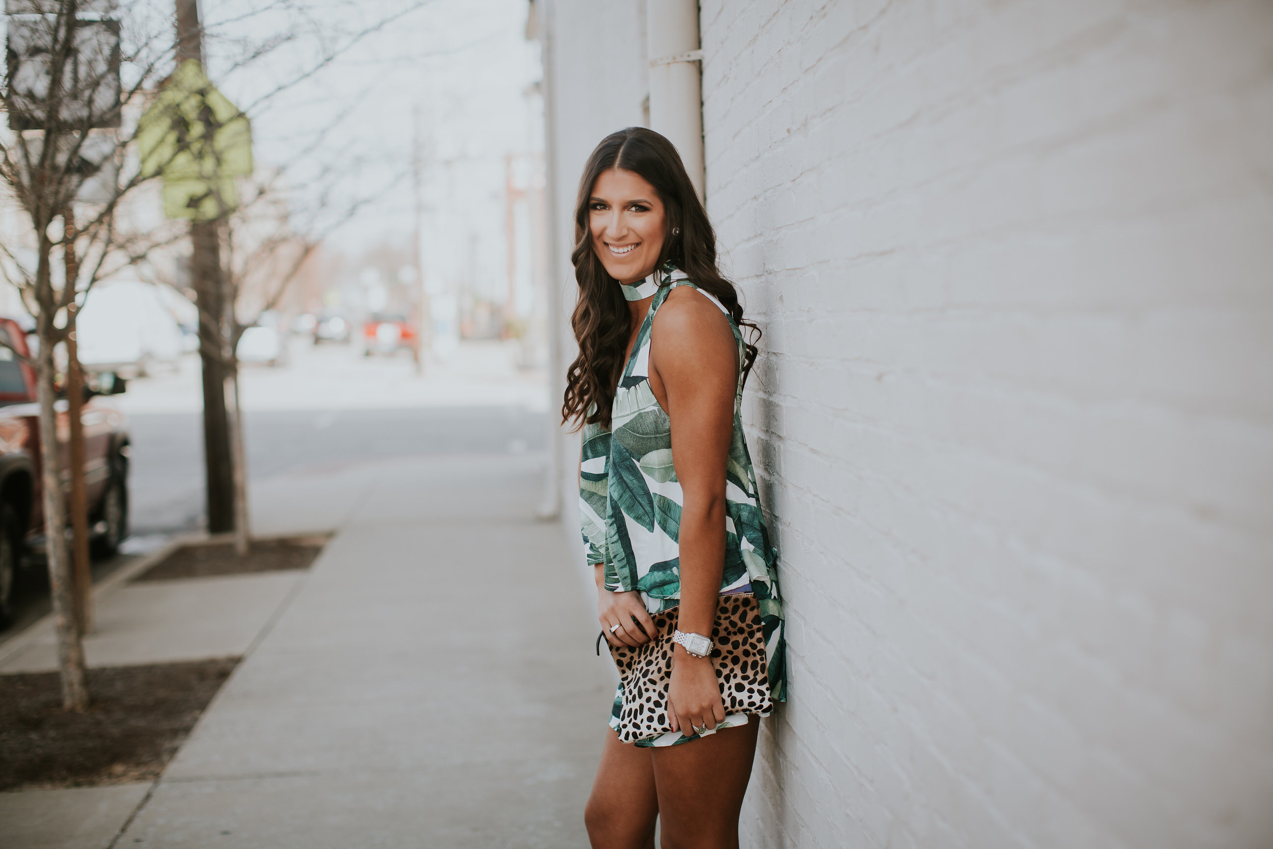 palm print set, palm print top, palm print shorts, palm print romper, palm print outfit, tropical outfit, vacation outfit, vacation style, calf hair clutch, leopard calf hair clutch, leopard clutch, clare v clutch, nude strappy heels // grace wainwright a southern drawl