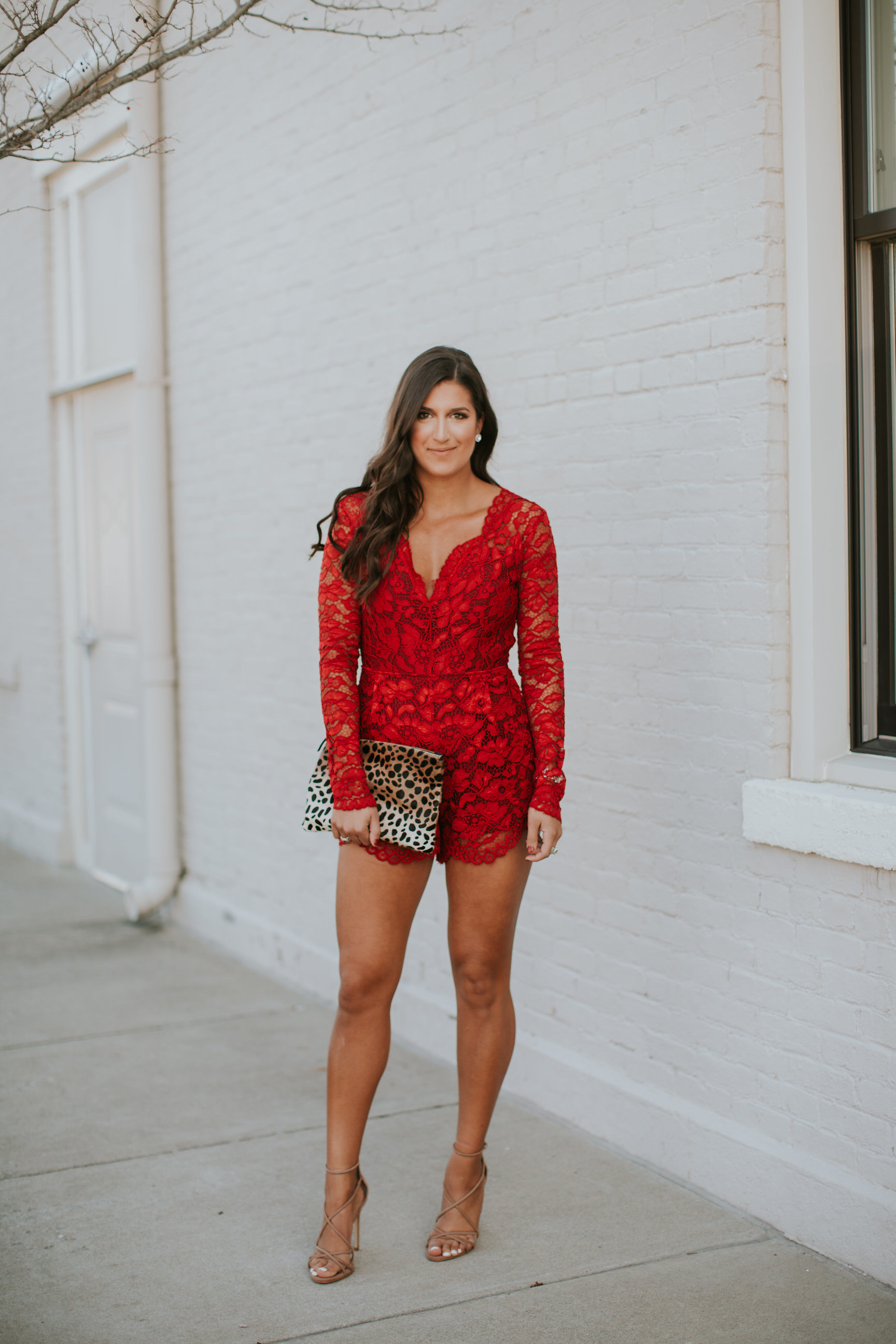 red lace romper, valentine's day outfit, galentine's day outfit, red romper, backless romper, valentine's day outfit, strappy nude sandals, nude strappy sandals, v-neck romper, valentine's day dress, little red dress, red lace dress, leopard clutch // grace wainwright a southern drawl