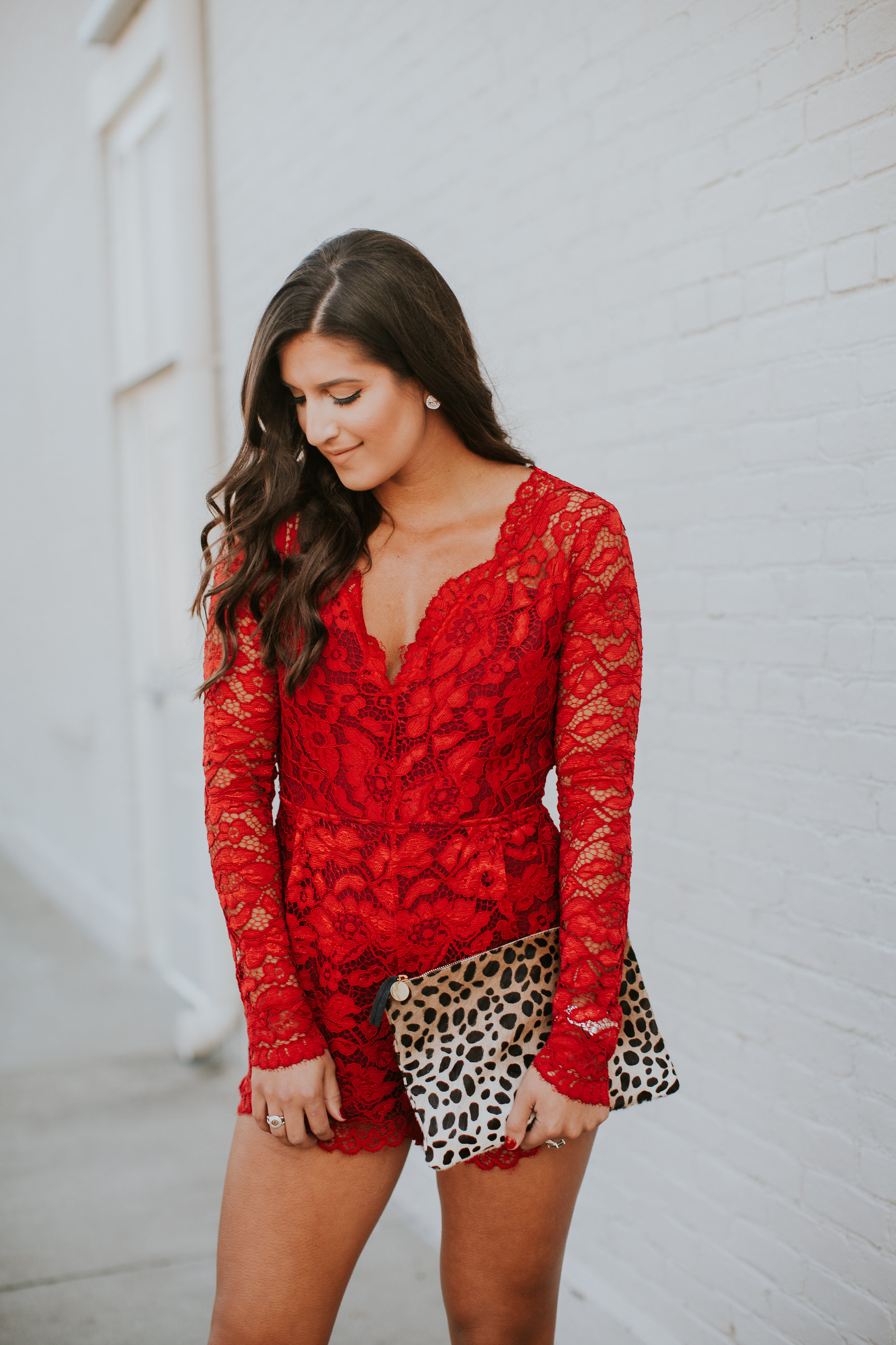 red lace romper, valentine's day outfit, galentine's day outfit, red romper, backless romper, valentine's day outfit, strappy nude sandals, nude strappy sandals, v-neck romper, valentine's day dress, little red dress, red lace dress, leopard clutch // grace wainwright a southern drawl