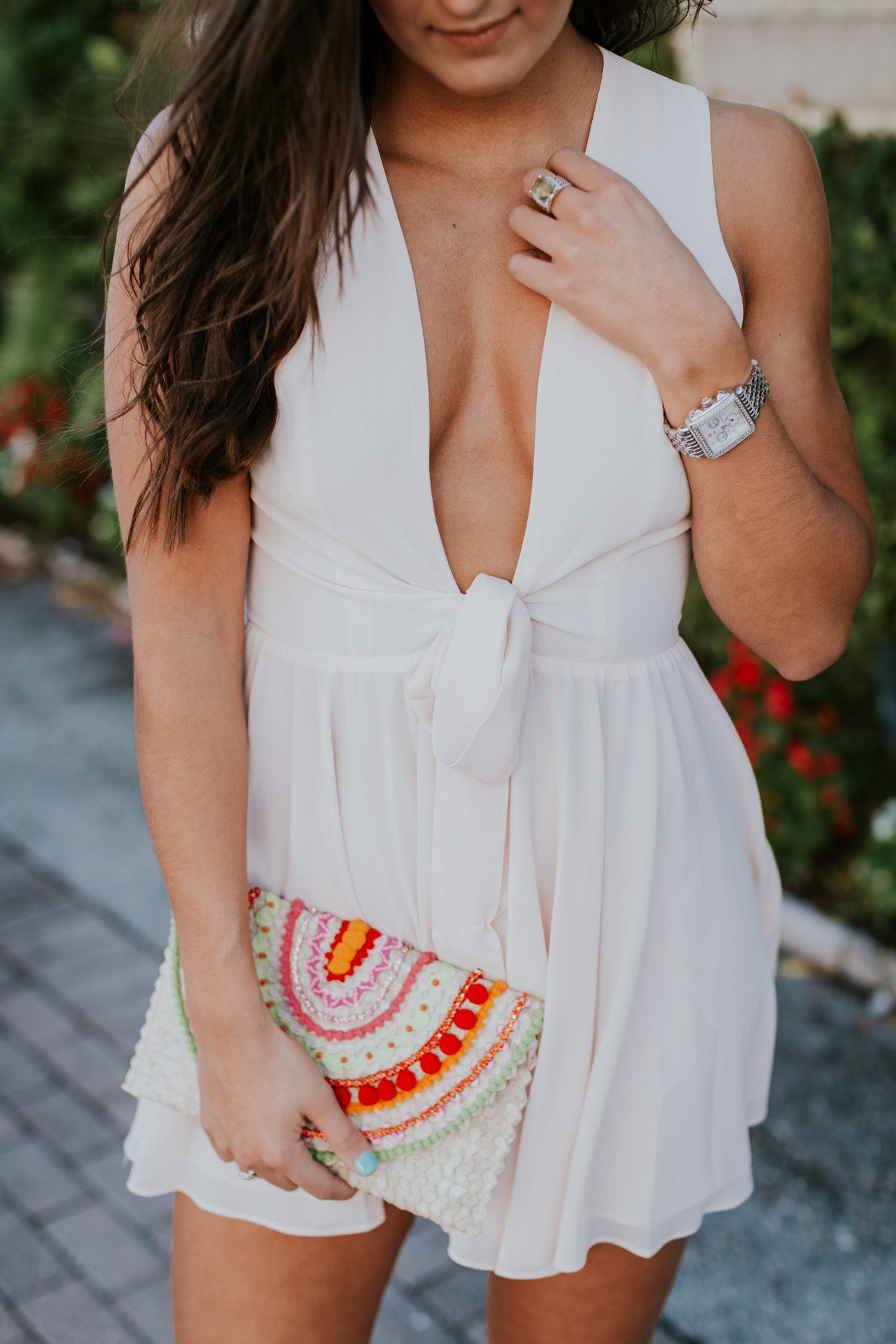 blush bow tie dress, lovers and friends x revolve andie dress is blush, mystique clutch, lace up sandals, vacation outfit, vacation style // grace wainwright a southern drawl