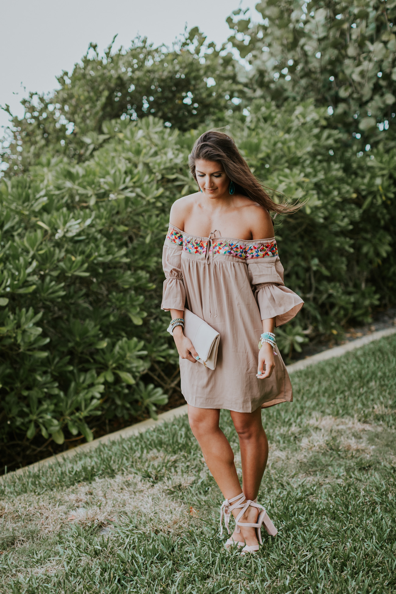 embroidered off the shoulder dress, vava by joy han dress, beach style, beach fashion, ruffle sleeves, tassel bracelets, turquoise jewelry // grace wainwright a southern drawl