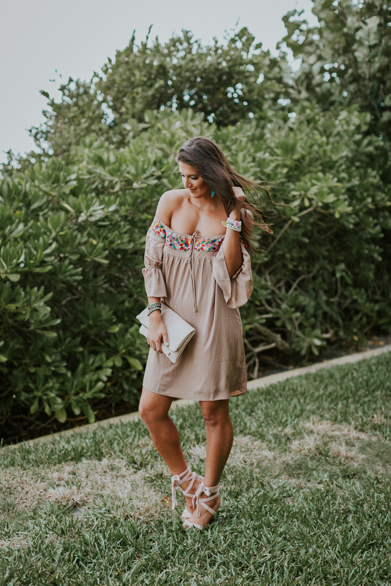 embroidered off the shoulder dress, vava by joy han dress, beach style, beach fashion, ruffle sleeves, tassel bracelets, turquoise jewelry // grace wainwright a southern drawl